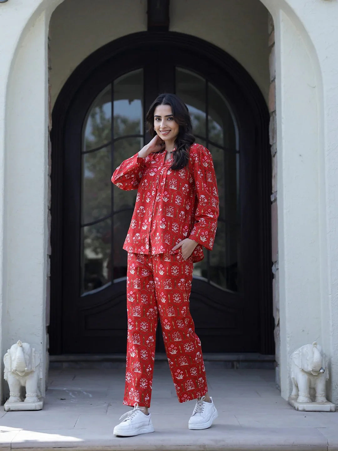 Carmine red Cotton Night Suit Set - SanskrutiHomes