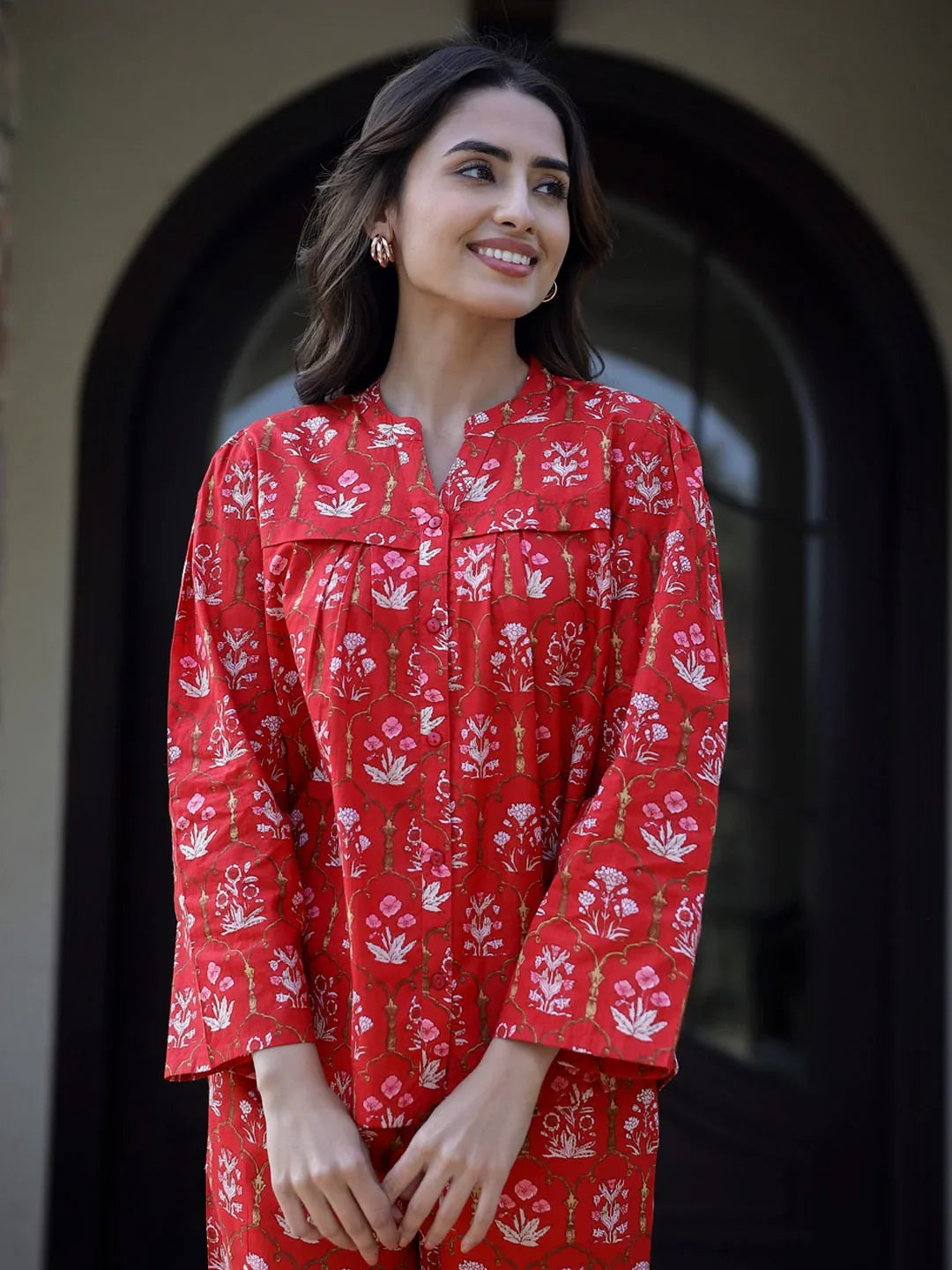Carmine red Cotton Night Suit Set - SanskrutiHomes