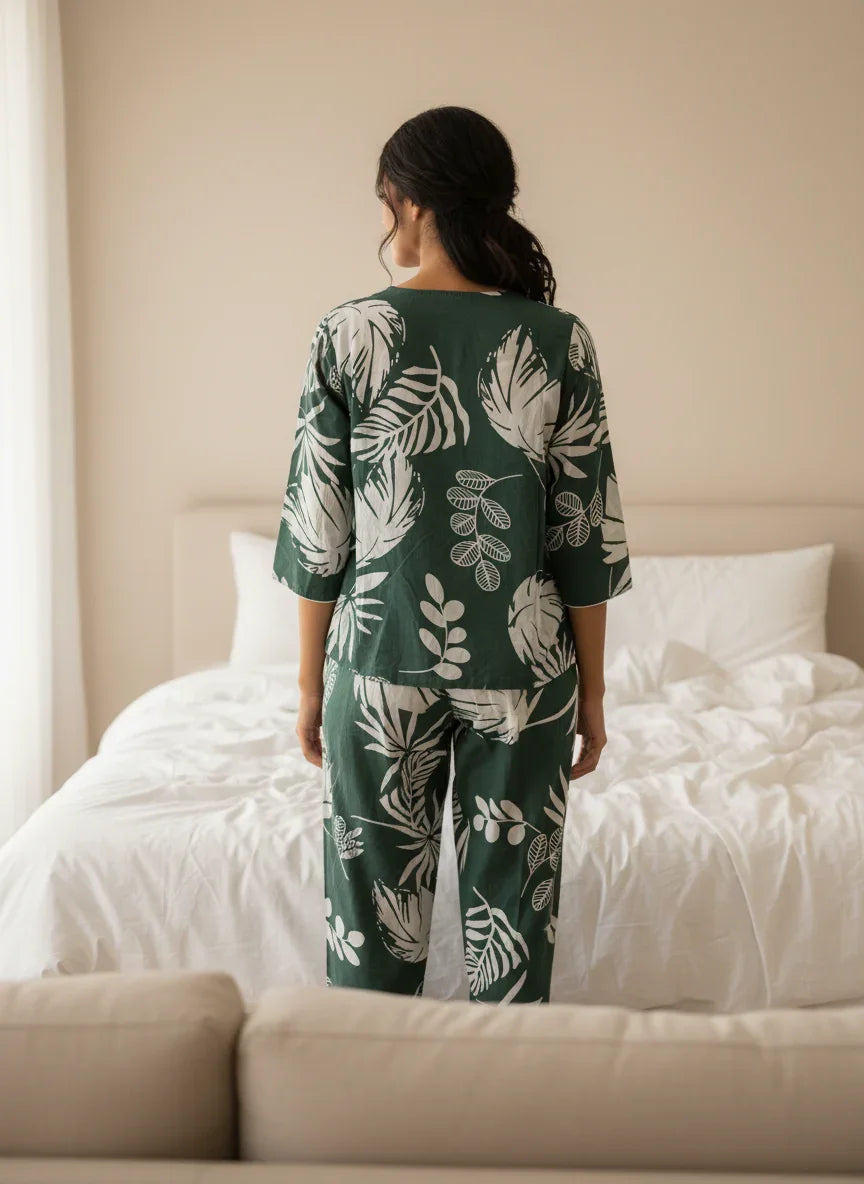 Green Round Neck Cotton Printed Night Suit Set for Women - SanskrutiHomes