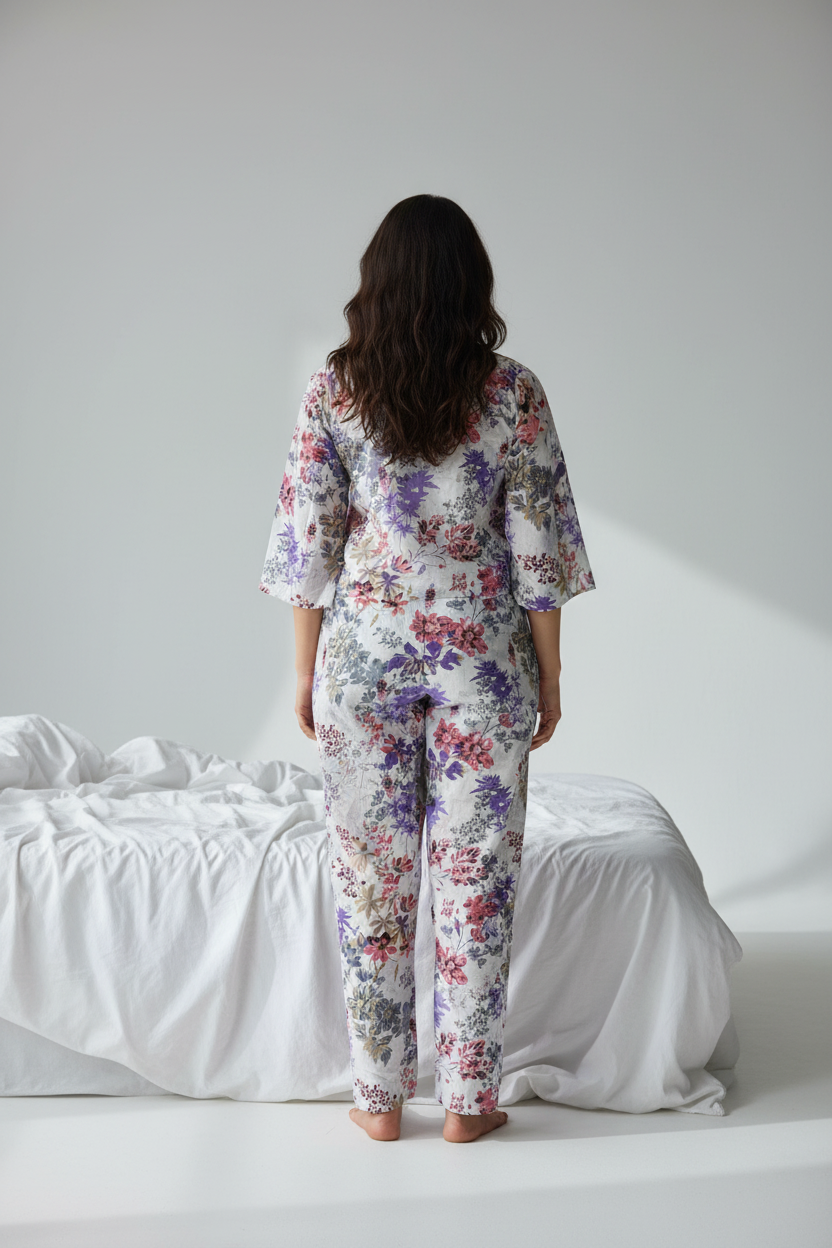White Floral Printed Round Neck Pure Cotton Night Suit Set