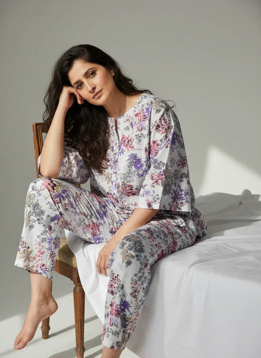 White Floral Printed Round Neck Pure Cotton Night Suit Set - SanskrutiHomes