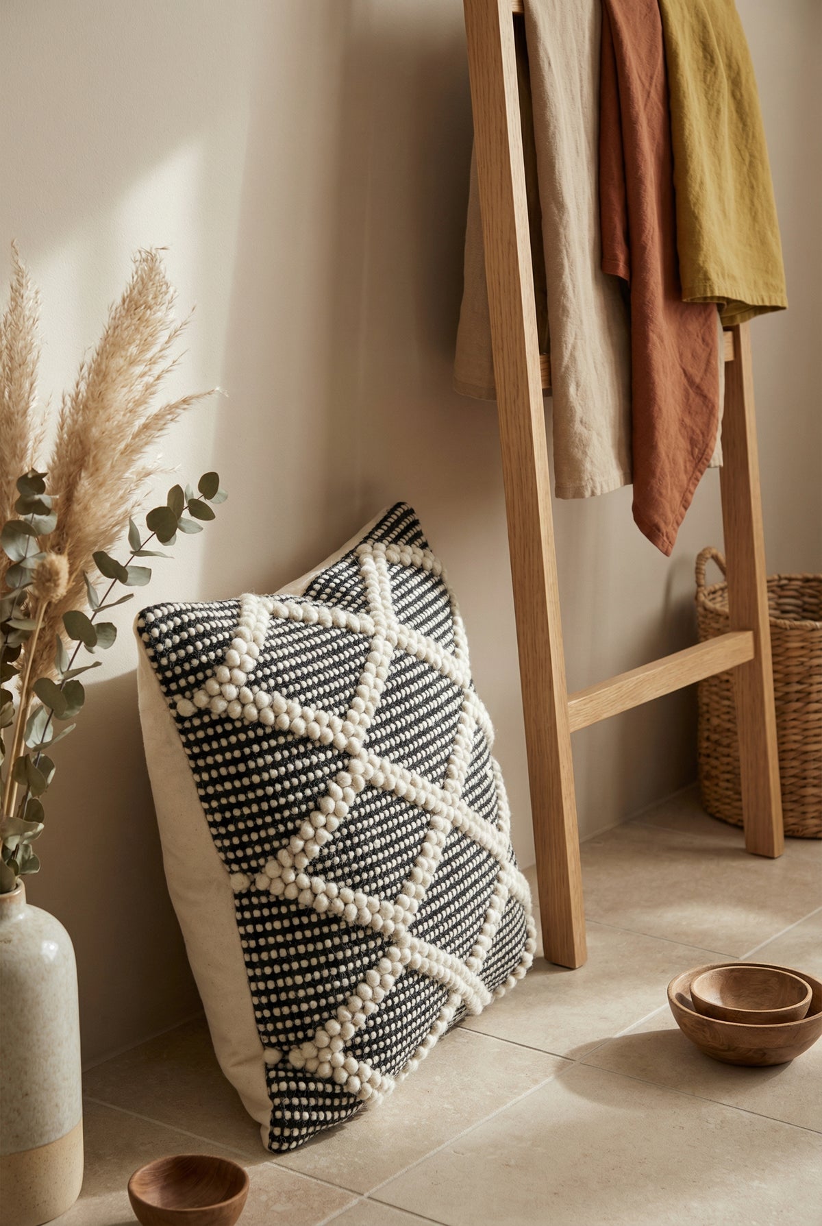 Black Geometric Cotton Square Embroidered Cushion Cover