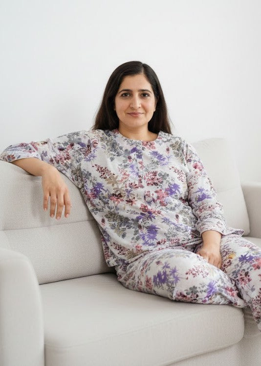 White Floral Printed Round Neck Pure Cotton Night Suit Set