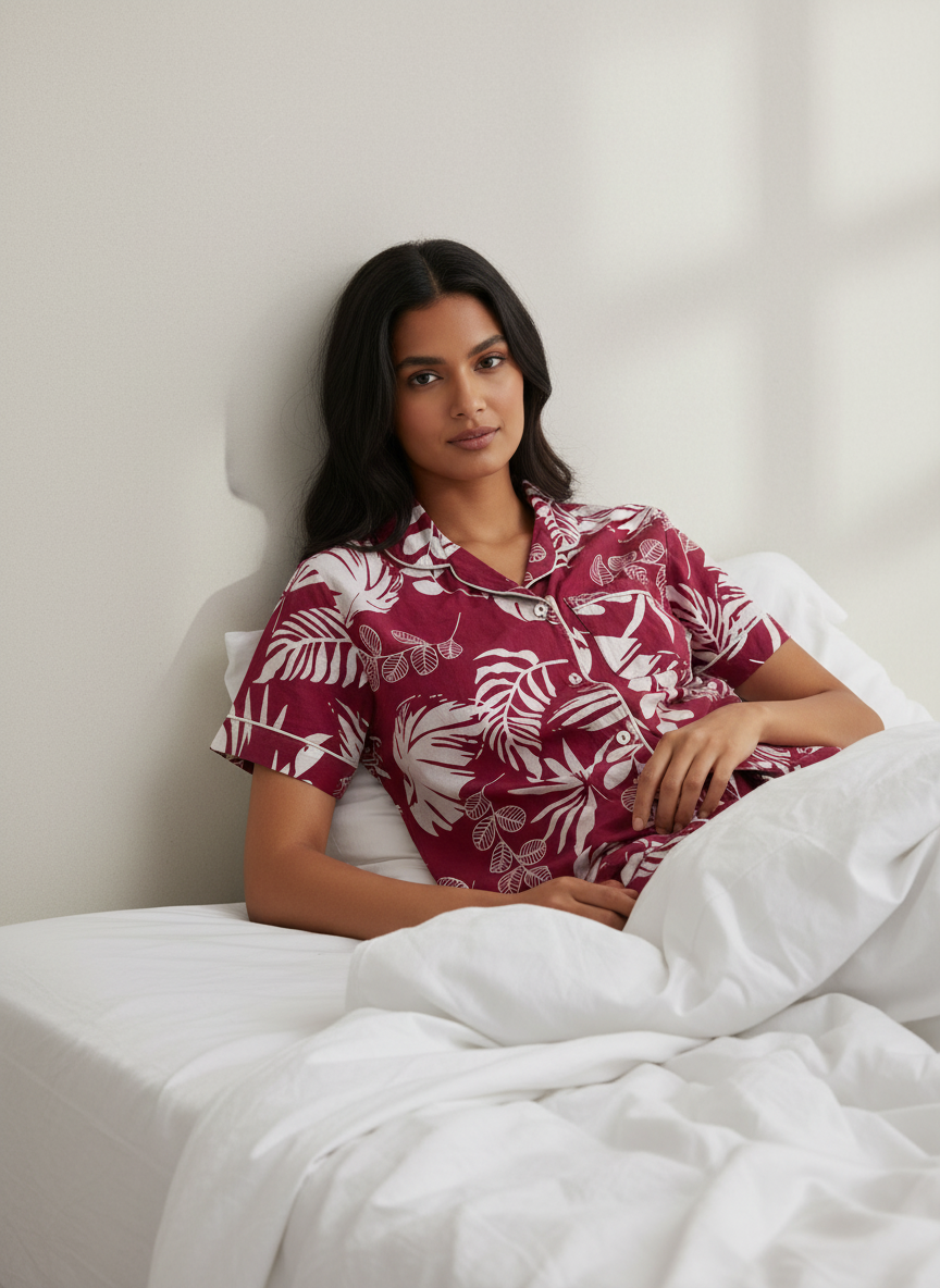 Wine Cotton Printed Night Suit Set for Women