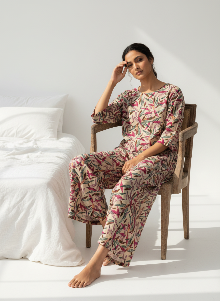 Multicolor Leaf Printed Round Neck Cotton Night Suit Set