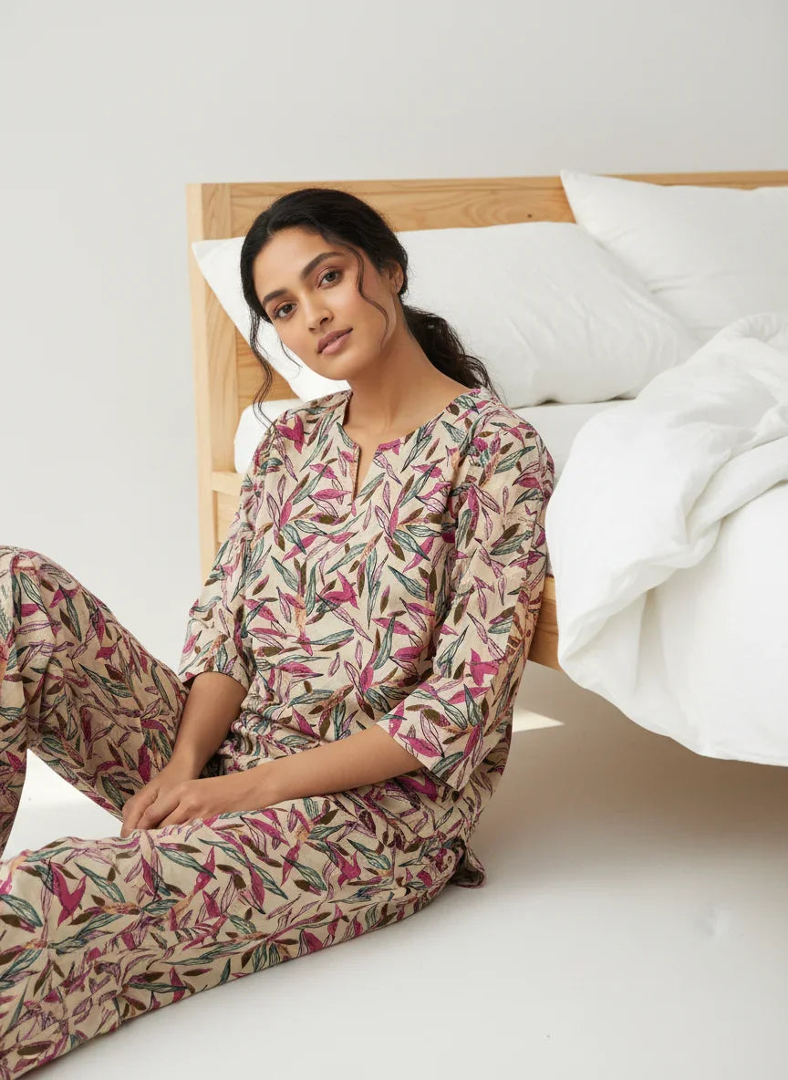 Multicolor Leaf Printed Round Neck Cotton Night Suit Set - SanskrutiHomes