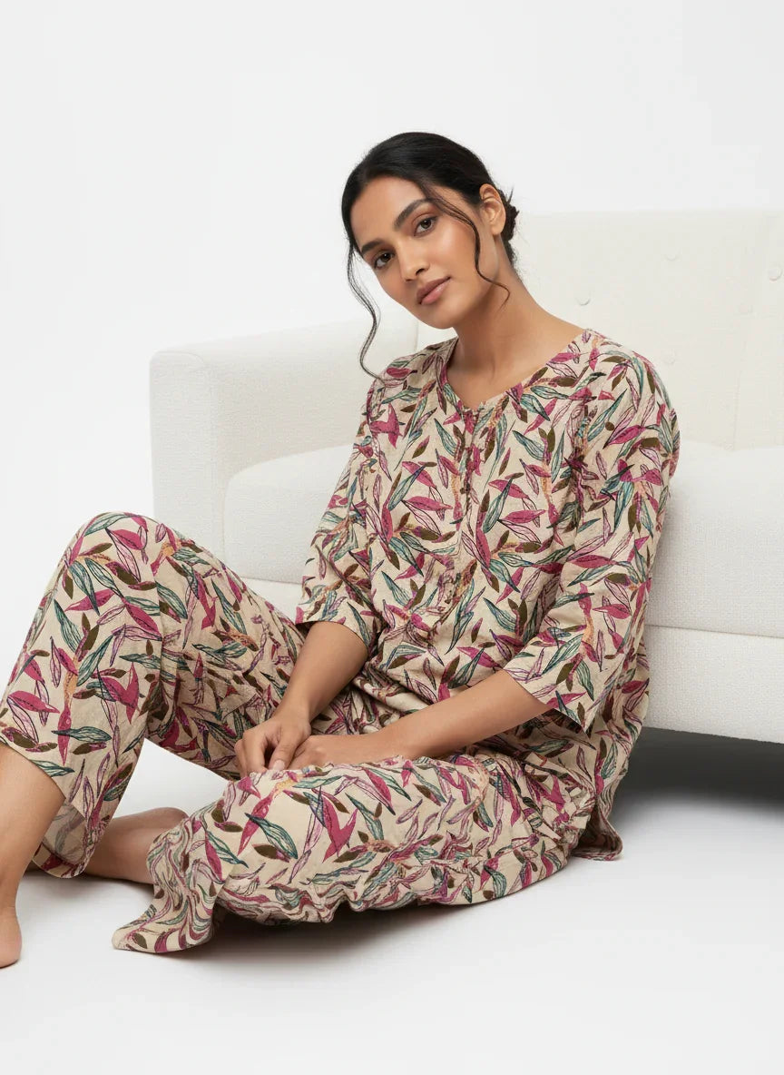 Multicolor Leaf Printed Round Neck Cotton Night Suit Set - SanskrutiHomes