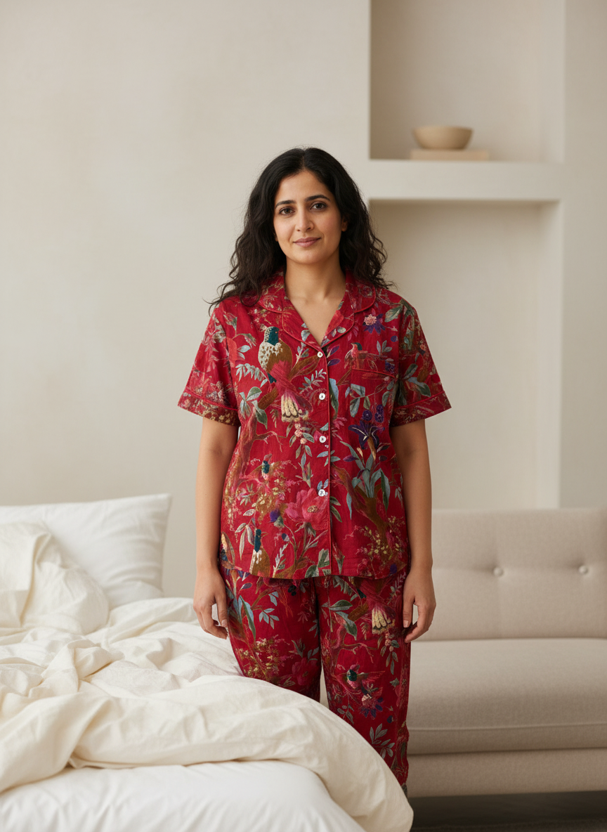 Red Cotton Floral Printed Christmas Night Suit Set for Women