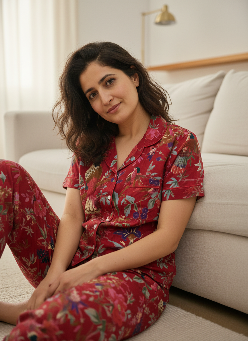 Red Cotton Floral Printed Christmas Night Suit Set for Women