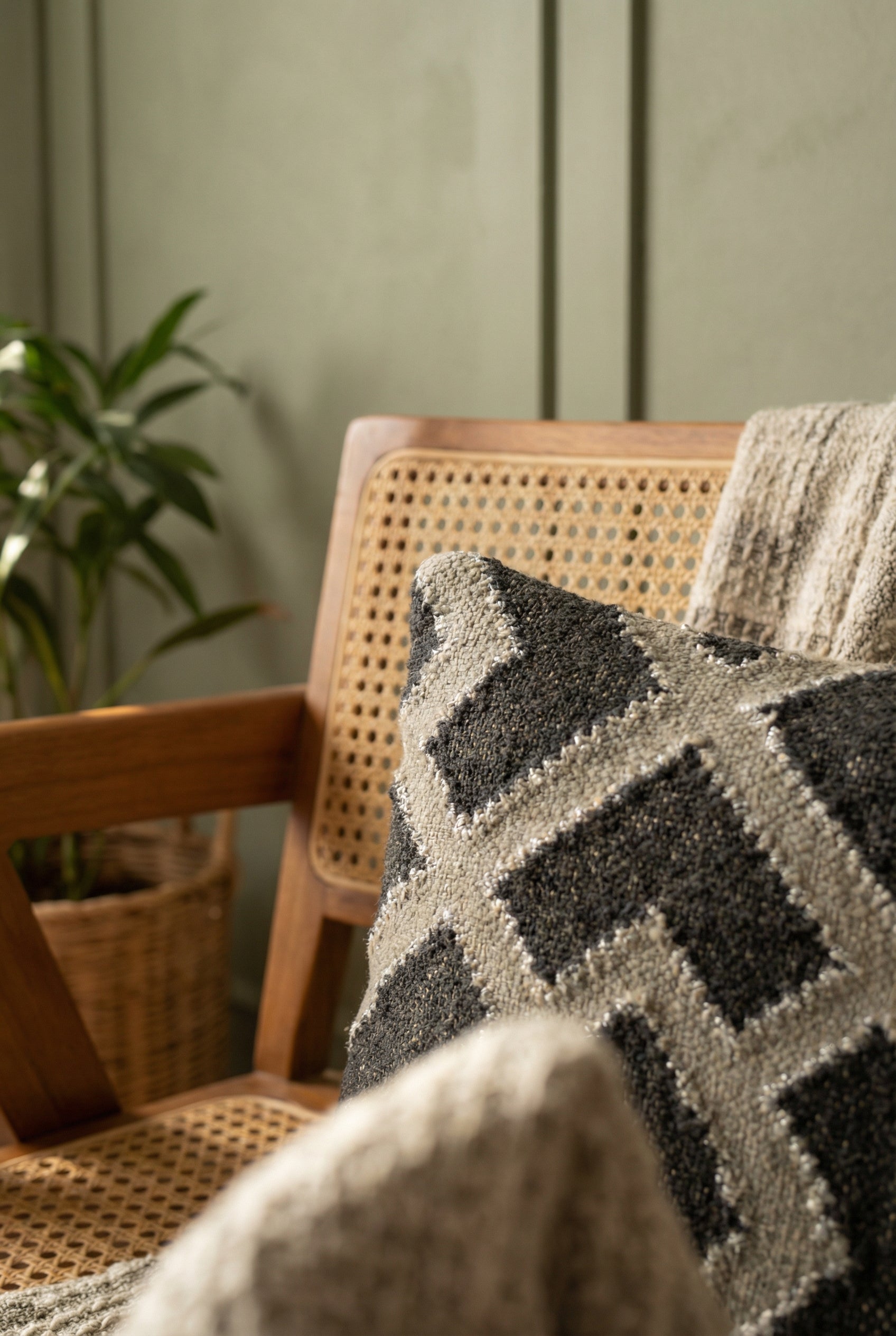 Grey Geometric Cotton Cushion Cover with Textured Weave