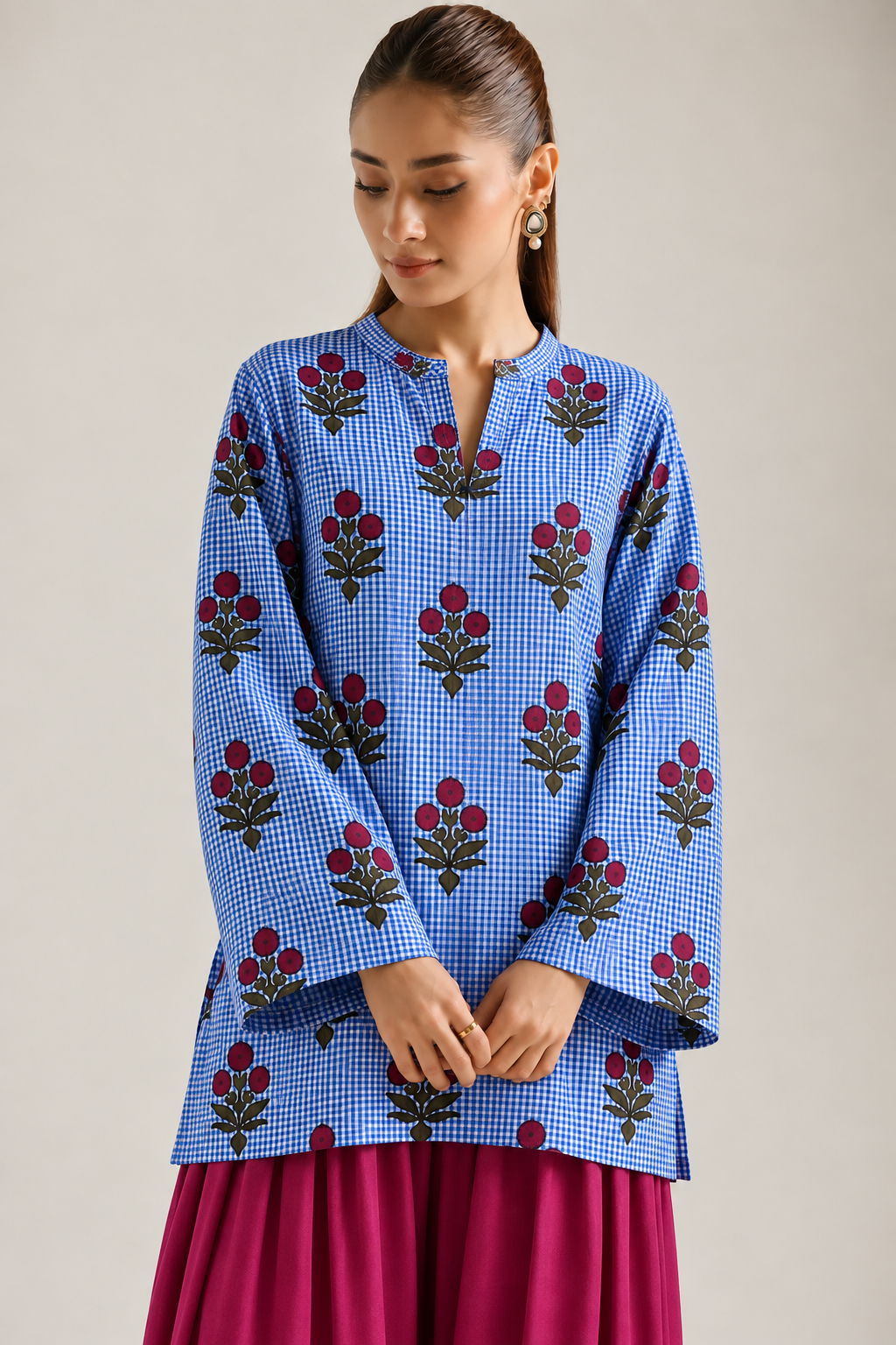 Blue Gingham Bloom Farsi Salwar Co-ord Set for Women - detail