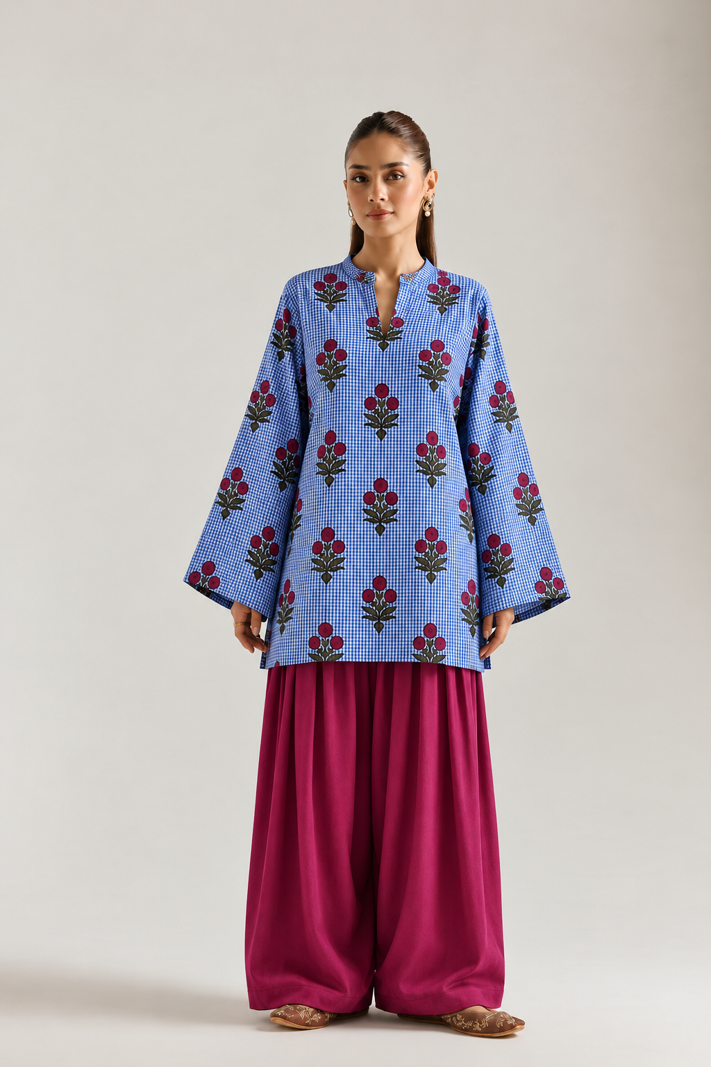 Blue Gingham Bloom Farsi Salwar Co-ord Set for Women - front