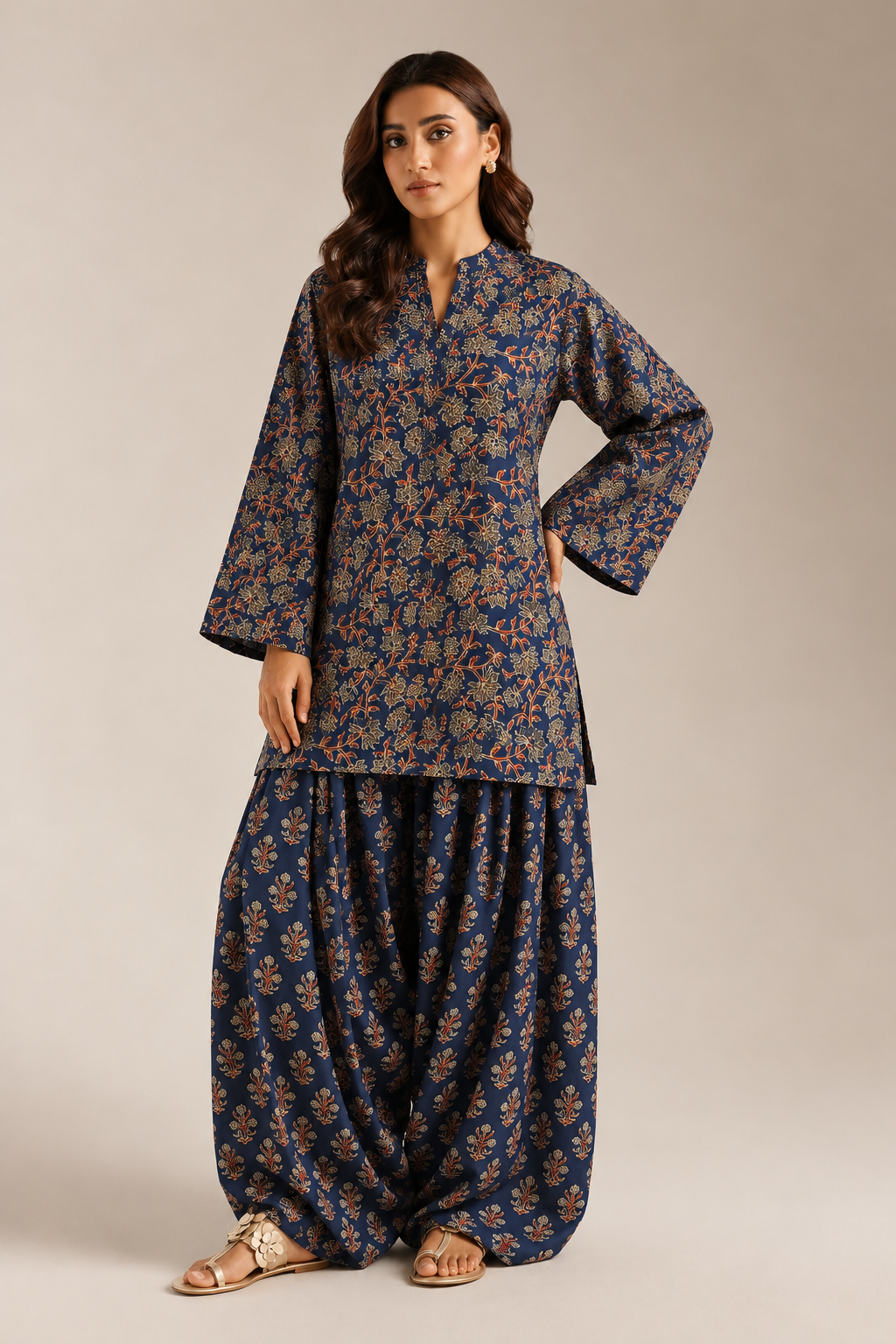 Navy Blue Floral Block Printed Farshi Salwar Co-Ord Set For Women