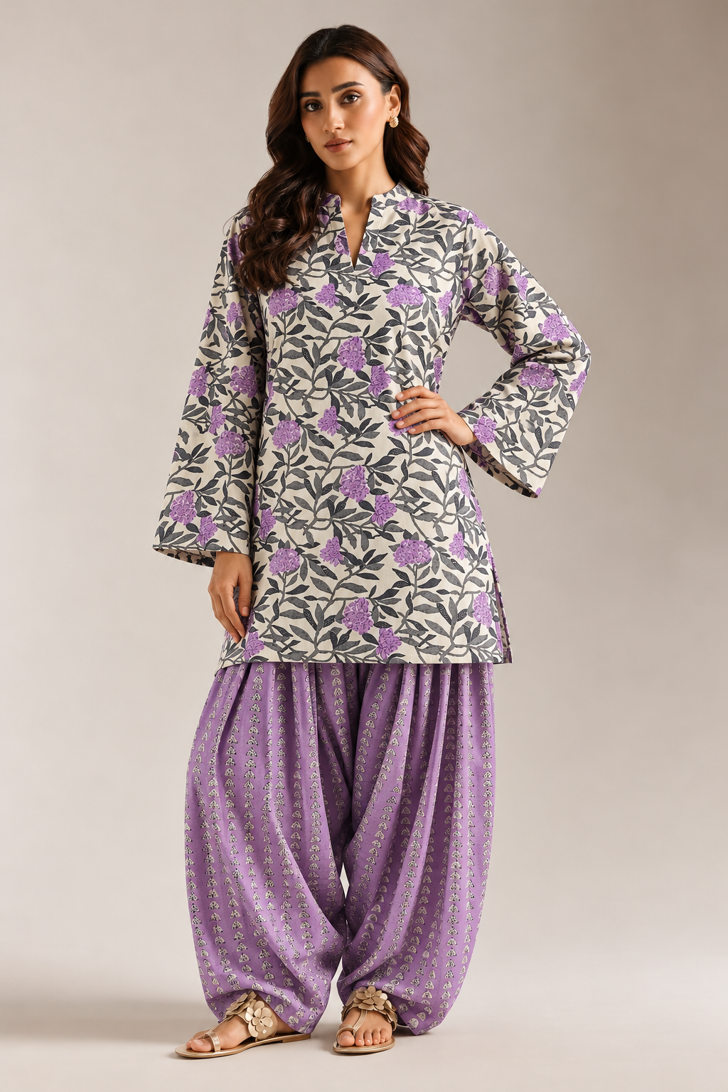 Purple Mandarin Neck Floral Print Tunic & Farshi Salwar Co-Ord Set For Women