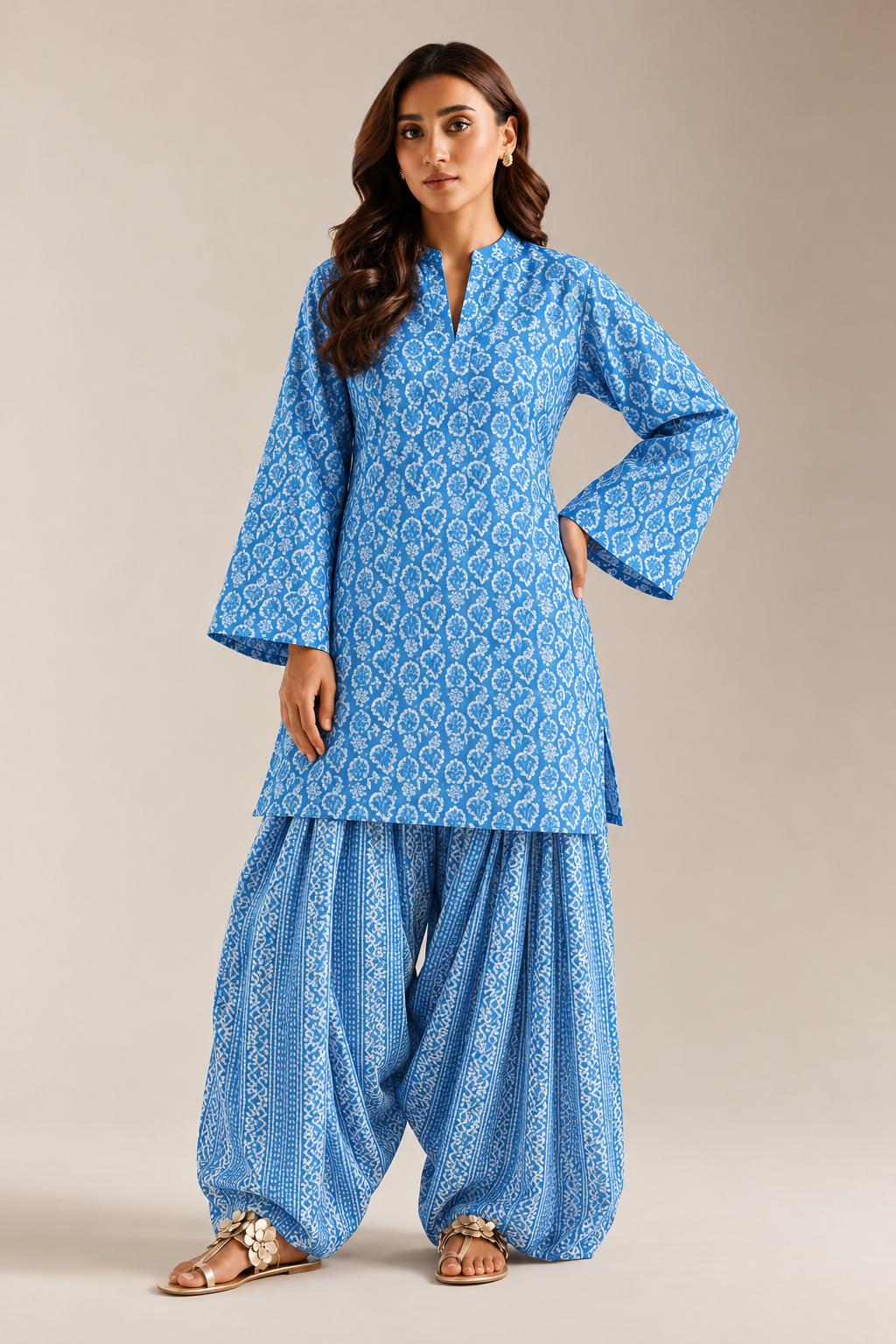 Blue Indigo Block Print Mandarin Neck Farshi Tunic Salwar Co-Ord Set For Women