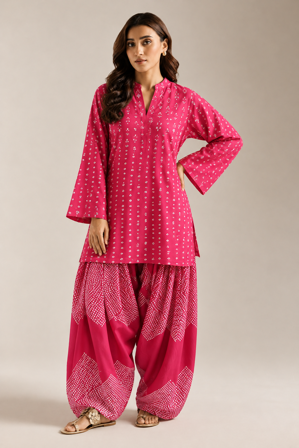 Pink Bandhani Print Mandarin Neck Tunic & Farshi Salwar Co-Ord Set For Woomen