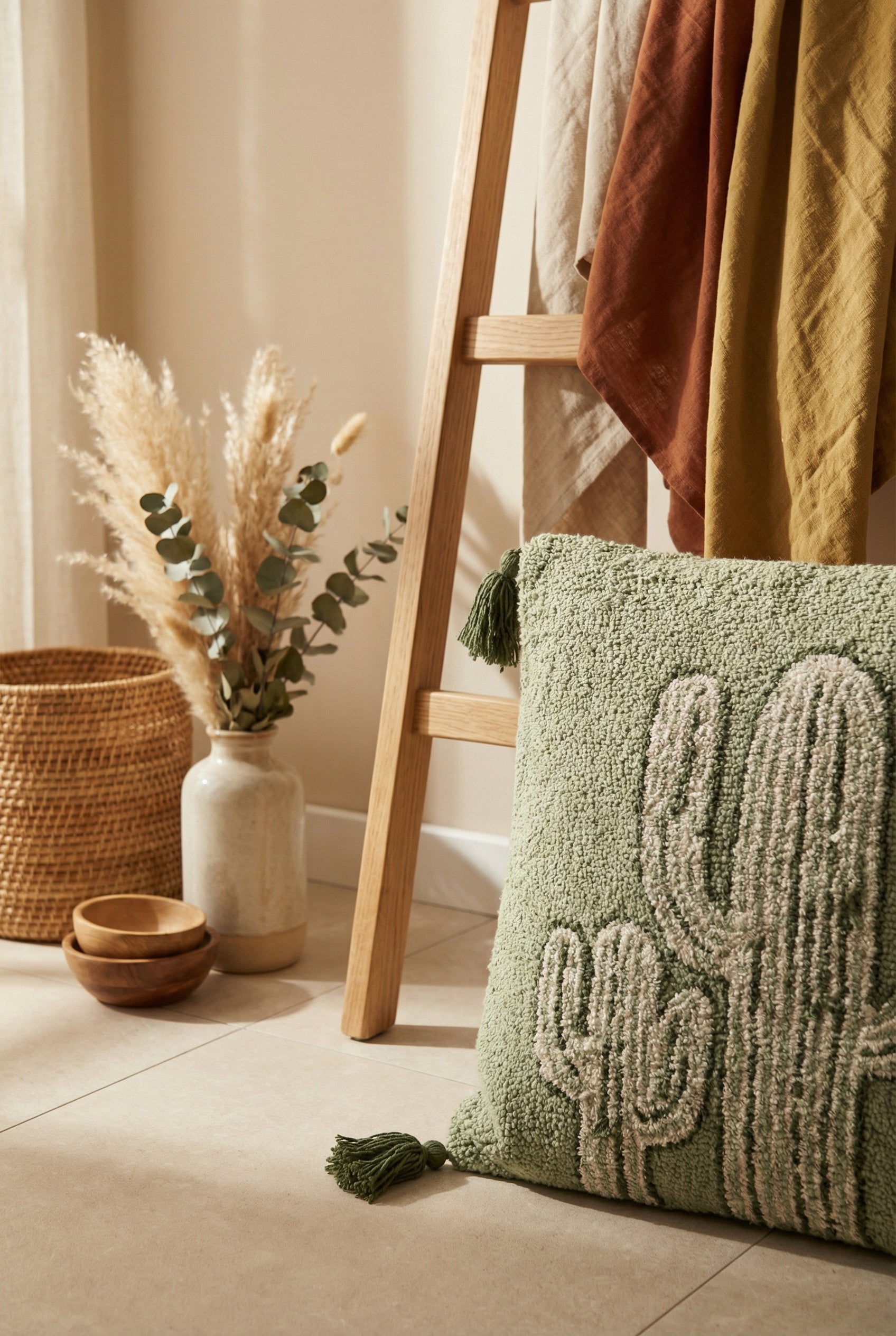Green & Beige Embroidered Cotton Squared Cushion Cover with Tassel
