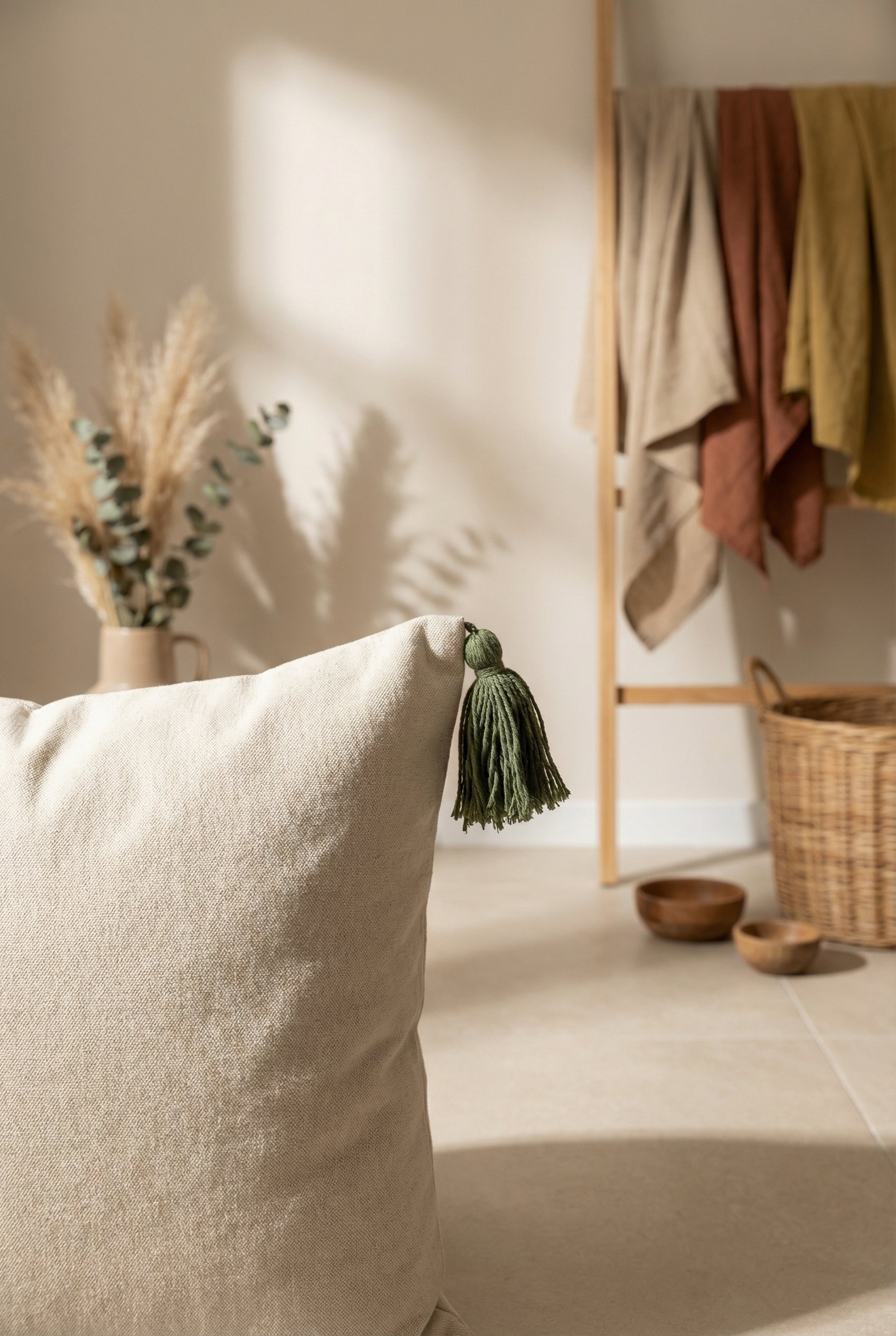 Green & Beige Embroidered Cotton Squared Cushion Cover with Tassel