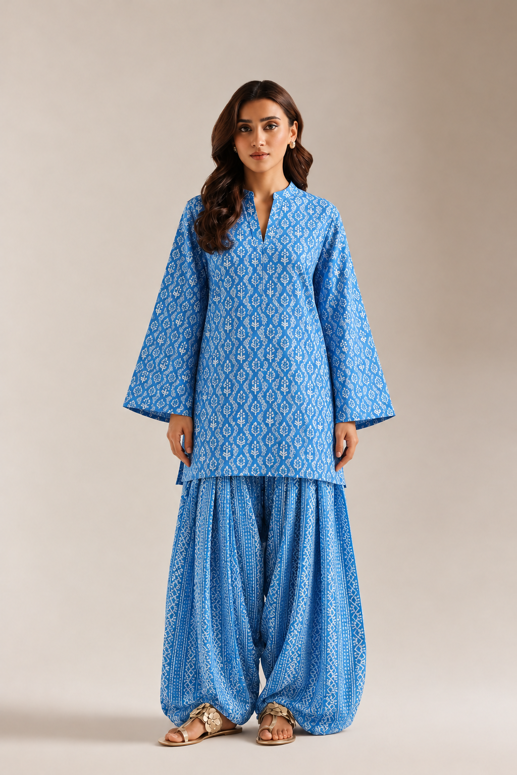 Blue Indigo Block Print Mandarin Neck Farshi Tunic Salwar Co-Ord Set For Women