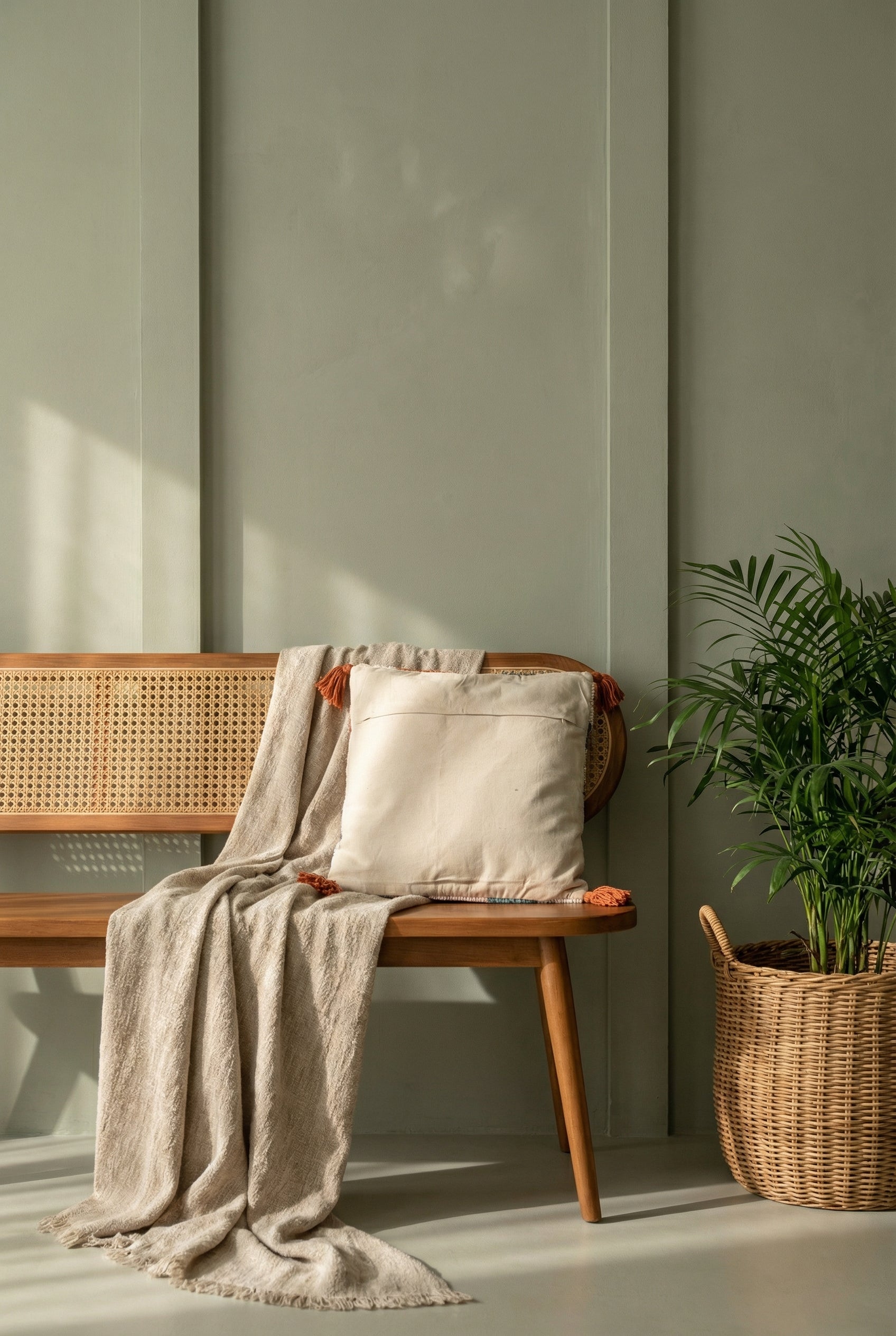 Blue Geometric Embroidered Squared Cushion Cover with Pom-Pom Detailing