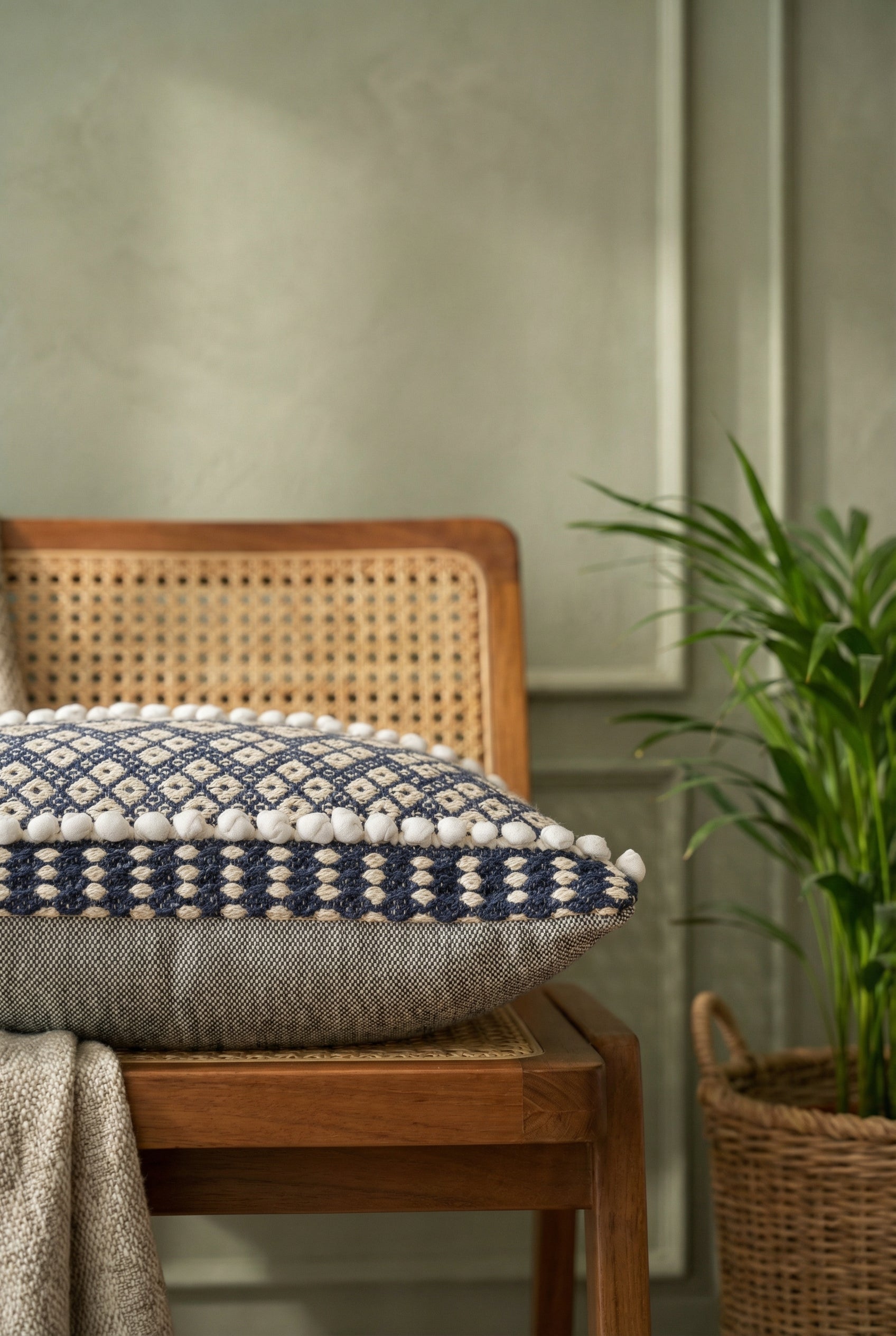 Blue Geometric Embroidered Squared Cushion Cover with Pom-Pom Detailing