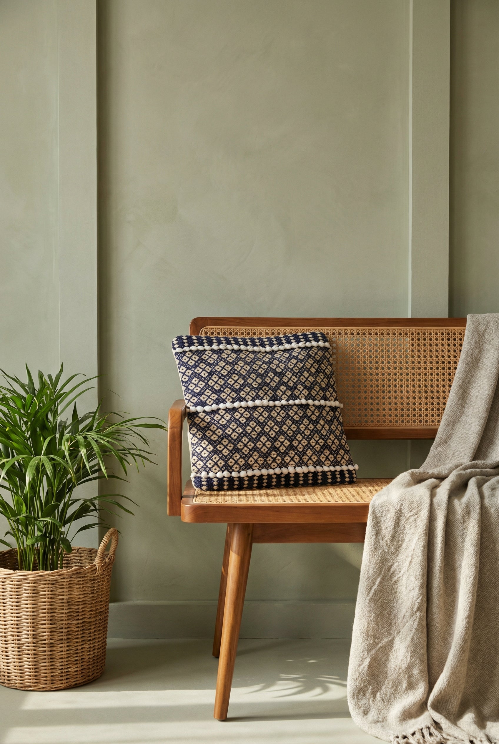 Blue Geometric Embroidered Squared Cushion Cover with Pom-Pom Detailing