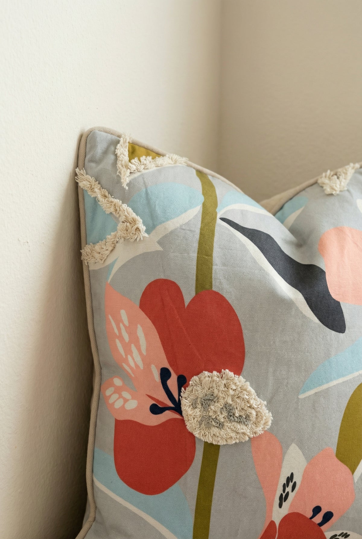 Grey Floral Embroidered Velvet Square Cushion Cover For Home Decor