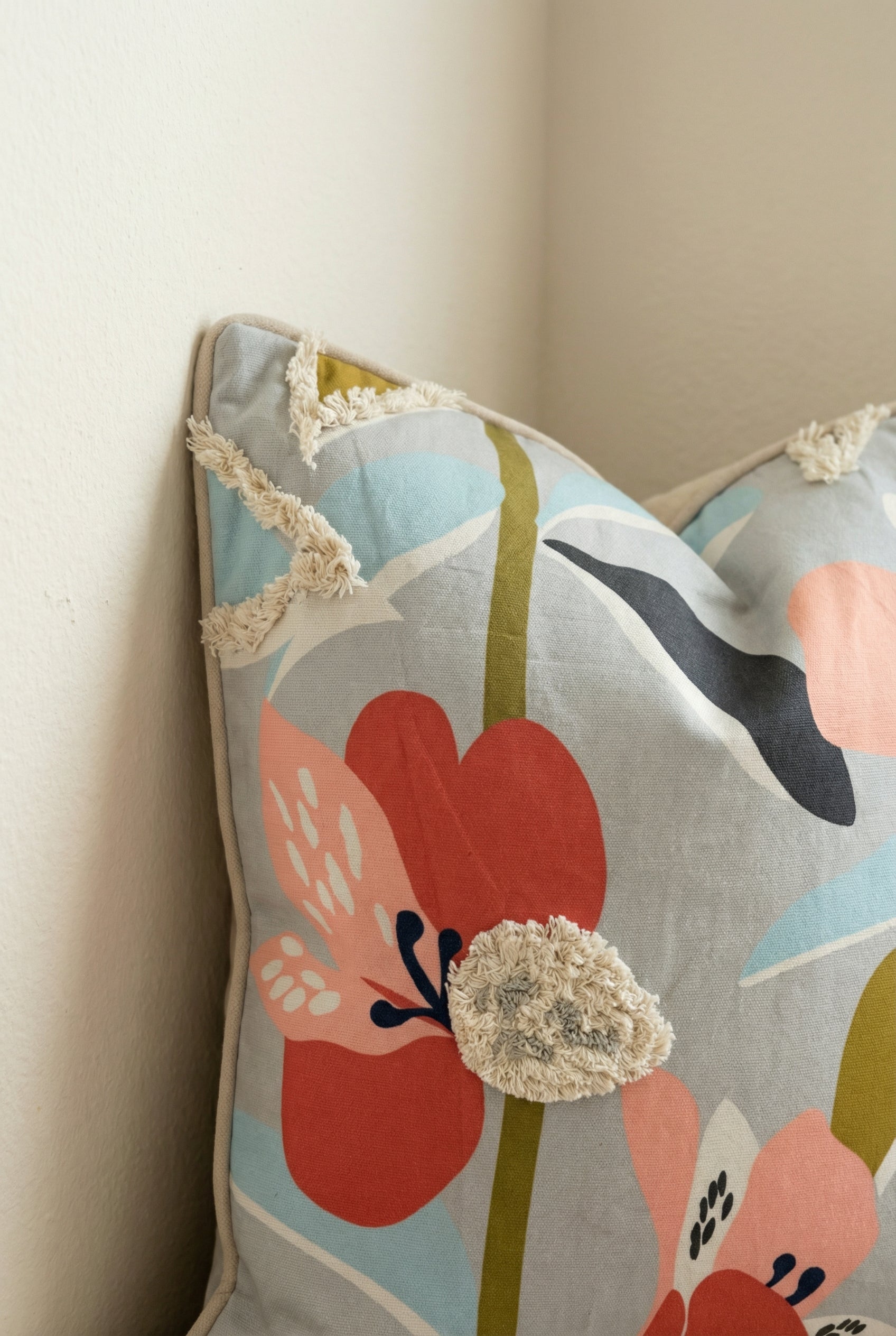 Grey Velvet Squared Cushion Cover With Floral Abstract Design