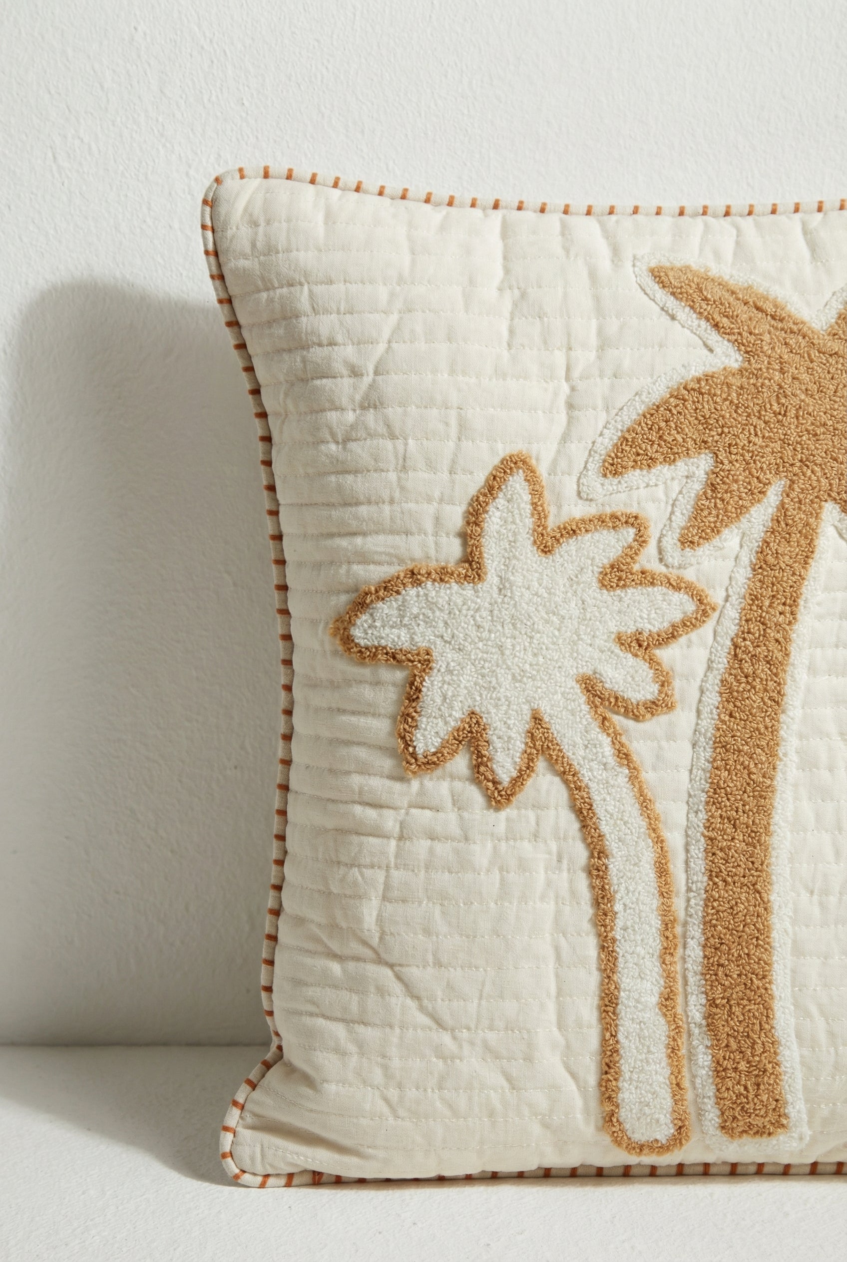 Beige Palm Tree Motif Embroidered Cotton Squared Cushion Cover