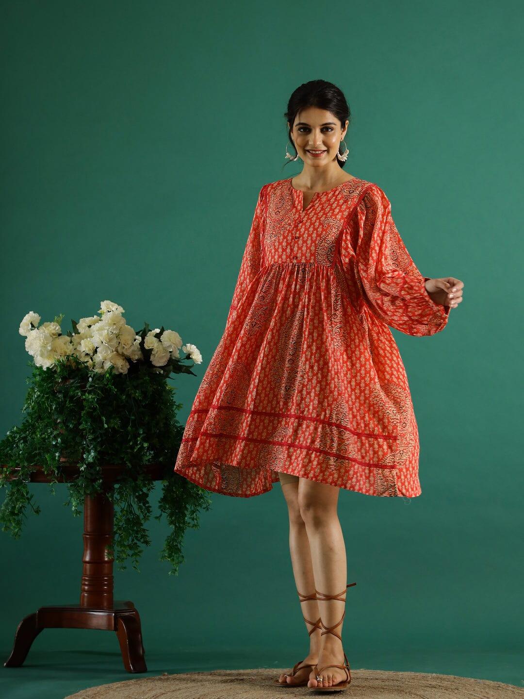 Orange Printed Dress for Women - SanskrutiHomes
