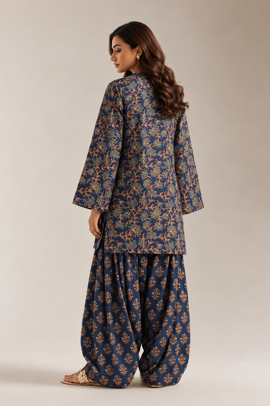 Navy Blue Floral Block Printed Farshi Salwar Co-Ord Set For Women