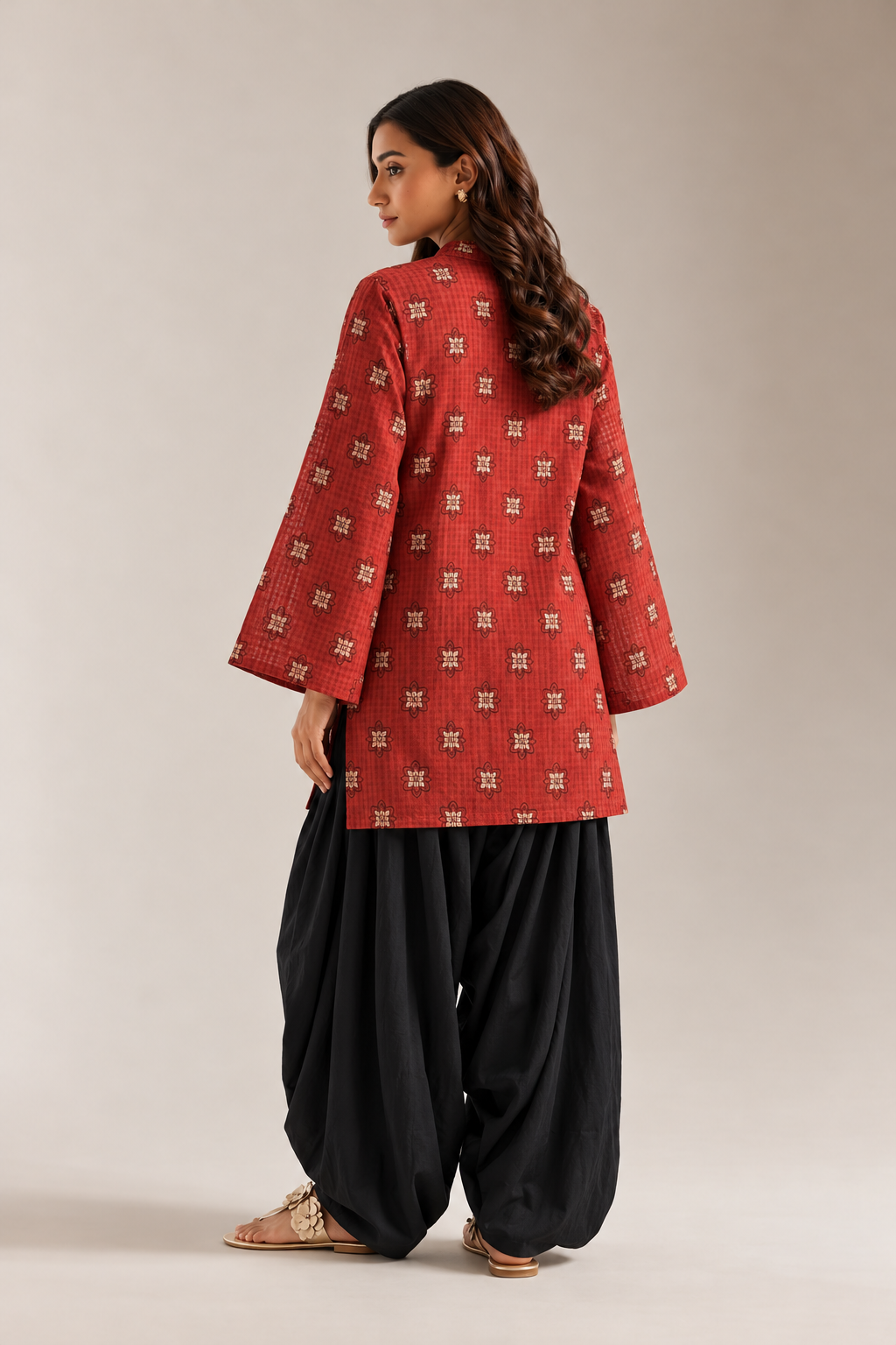 Red & Black Geometric Printed Tunic & Solid Farshi Salwar Co-Ord Set For Women