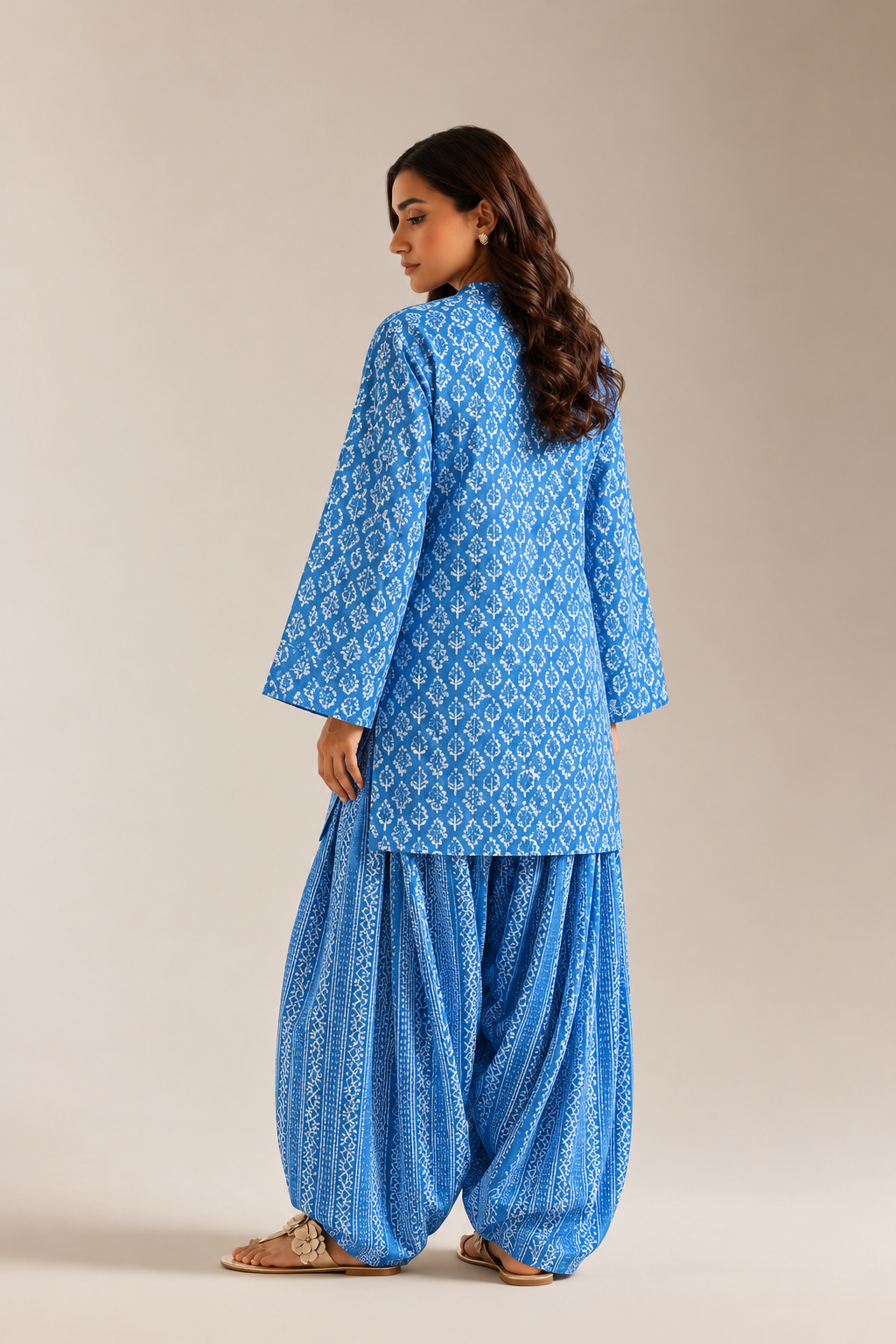 Blue Indigo Block Print Mandarin Neck Farshi Tunic Salwar Co-Ord Set For Women