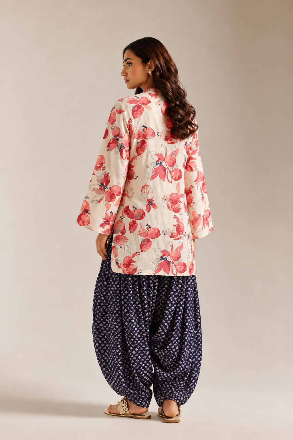 Pink & White Floral Tunic & Indigo Farshi Salwar Co-Ord Set For Women