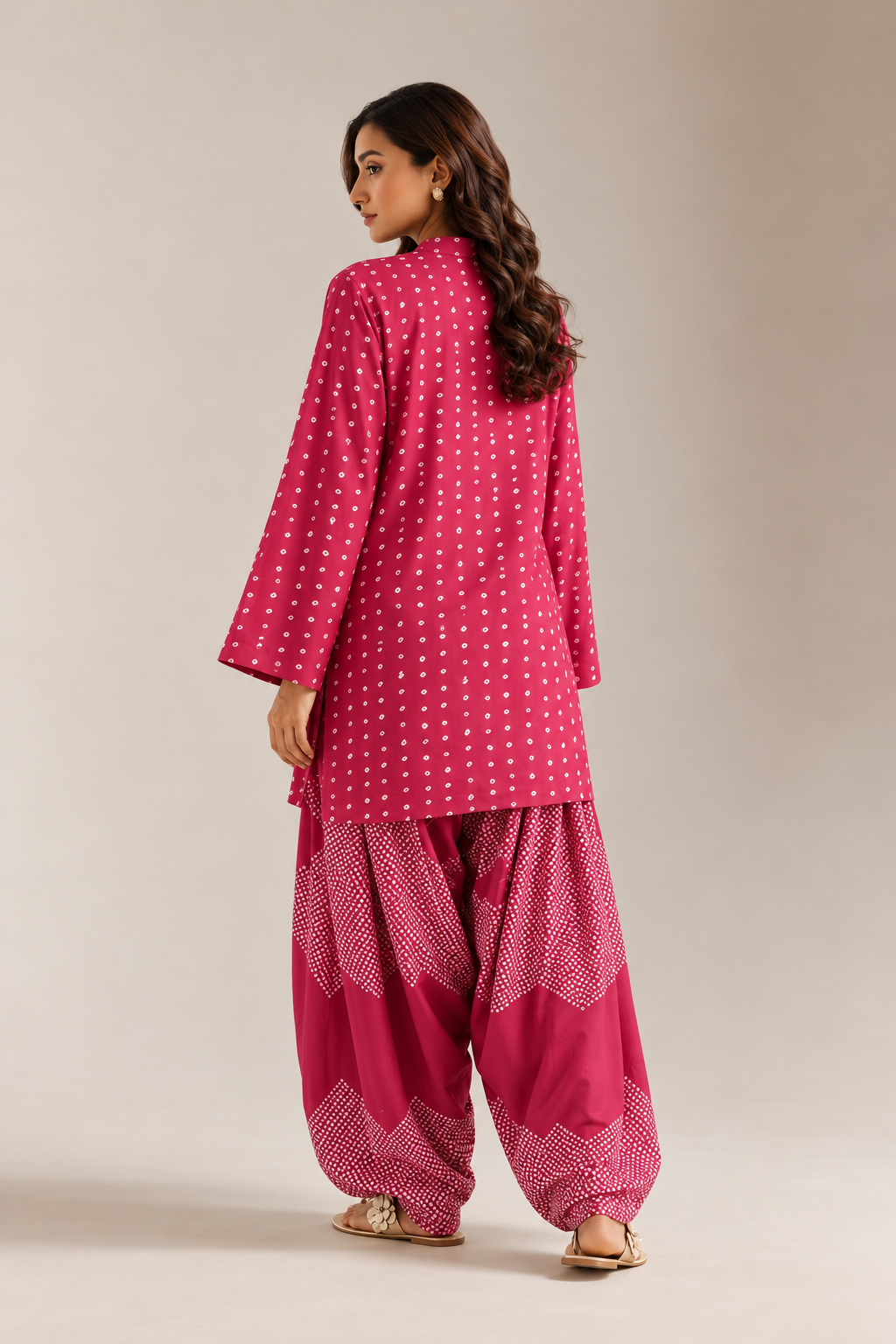 Pink Bandhani Print Mandarin Neck Tunic & Farshi Salwar Co-Ord Set For Woomen