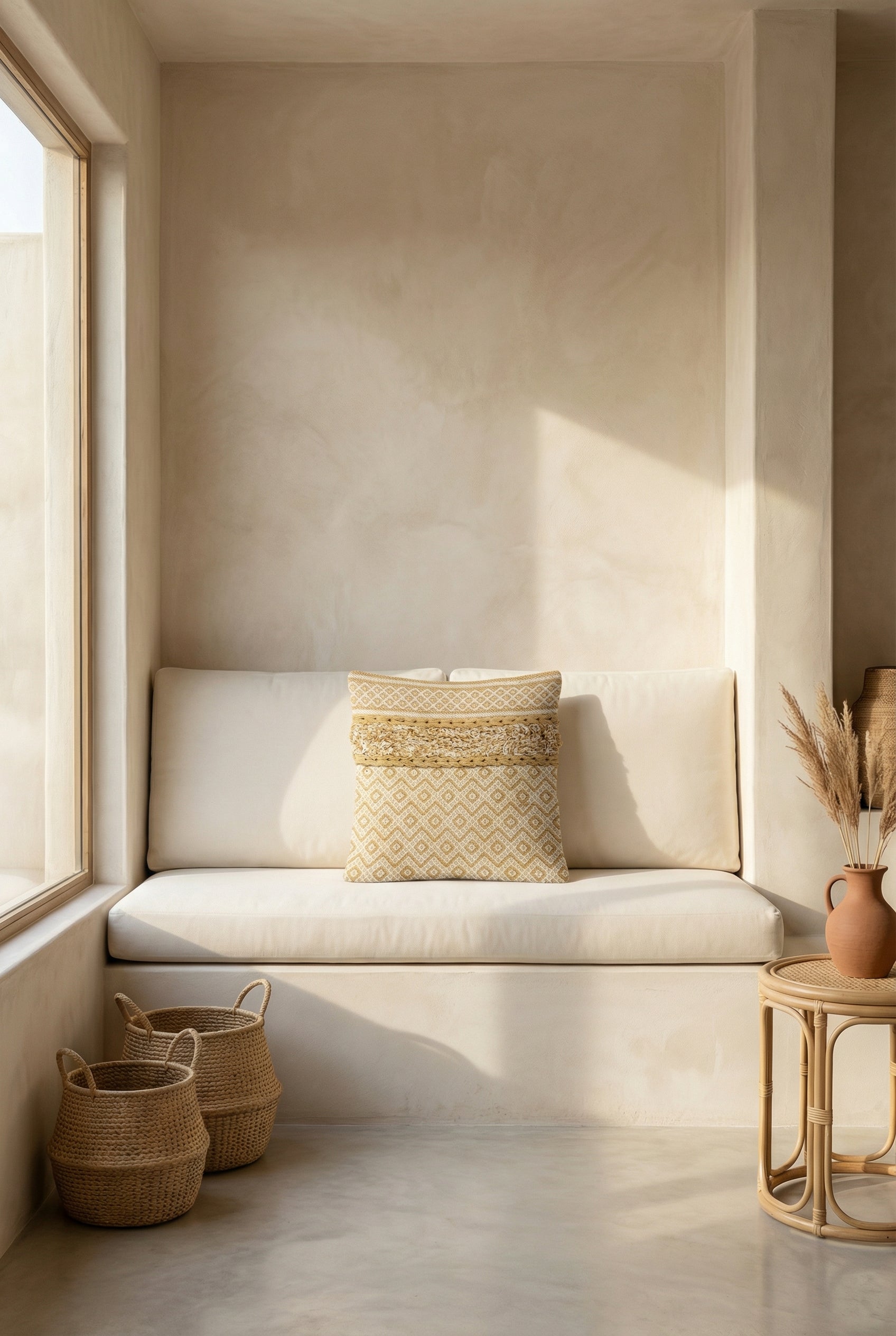 Beige Embroidered Textured Squared Cotton Cushion Cover