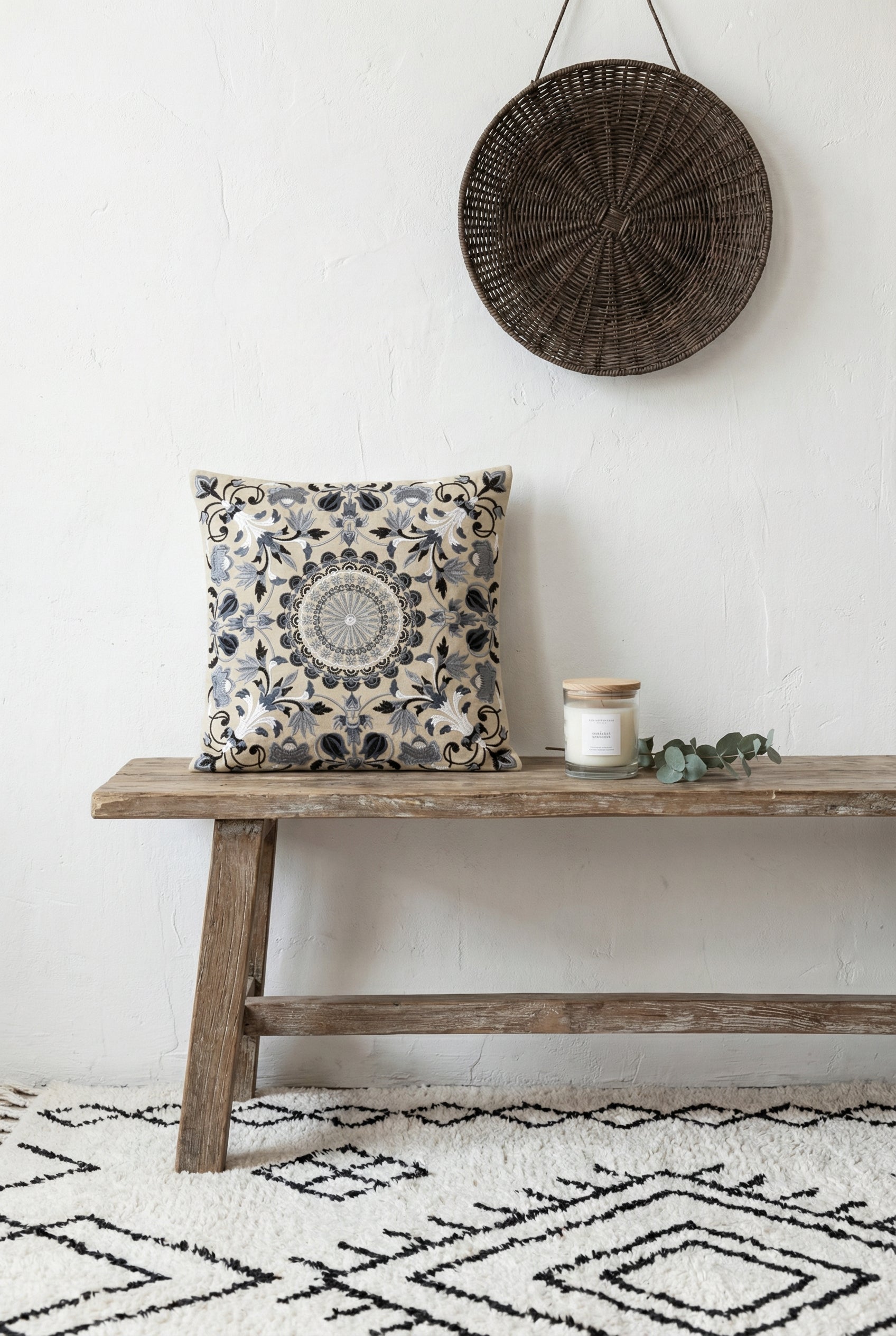 Beige Squared Floral Print Cushion Cover With Mandala Embroidered