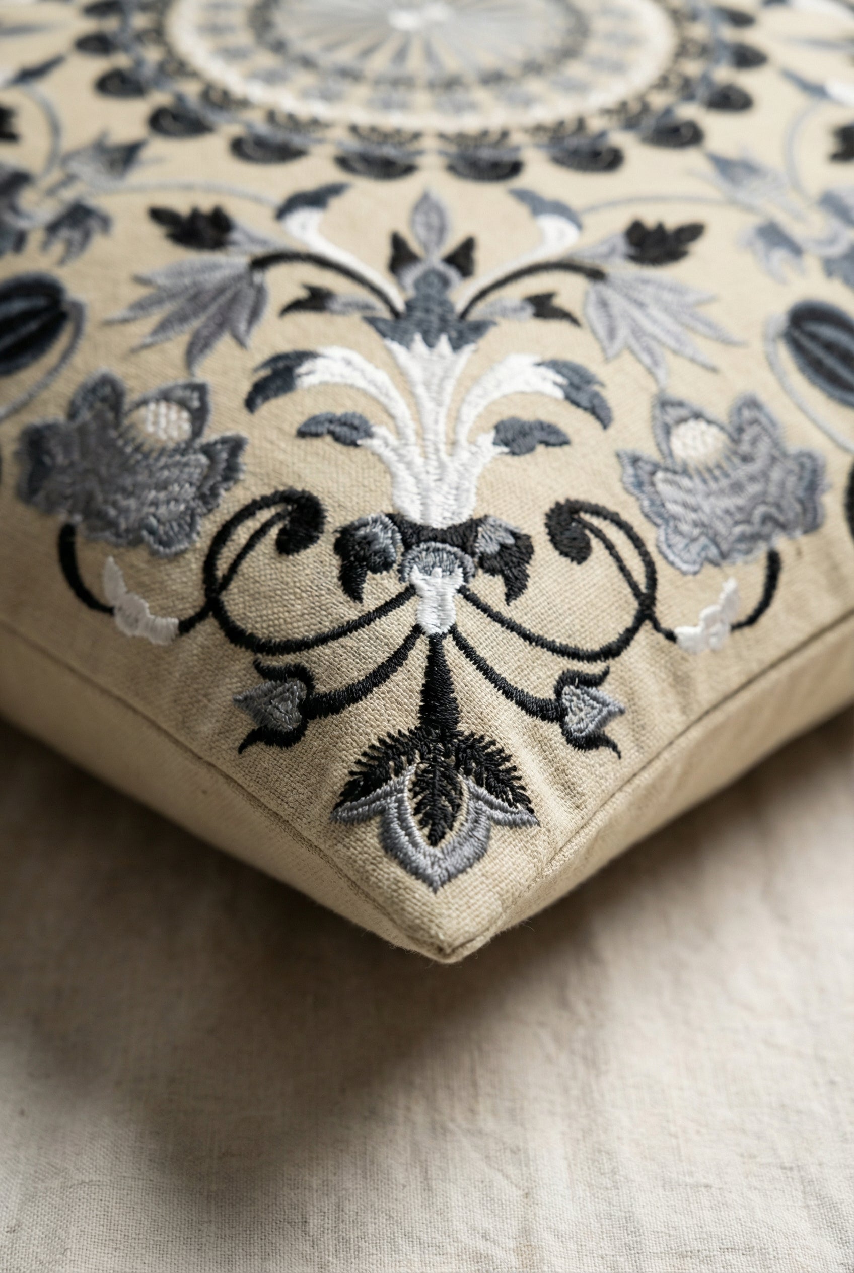 Beige Squared Floral Print Cushion Cover With Mandala Embroidered