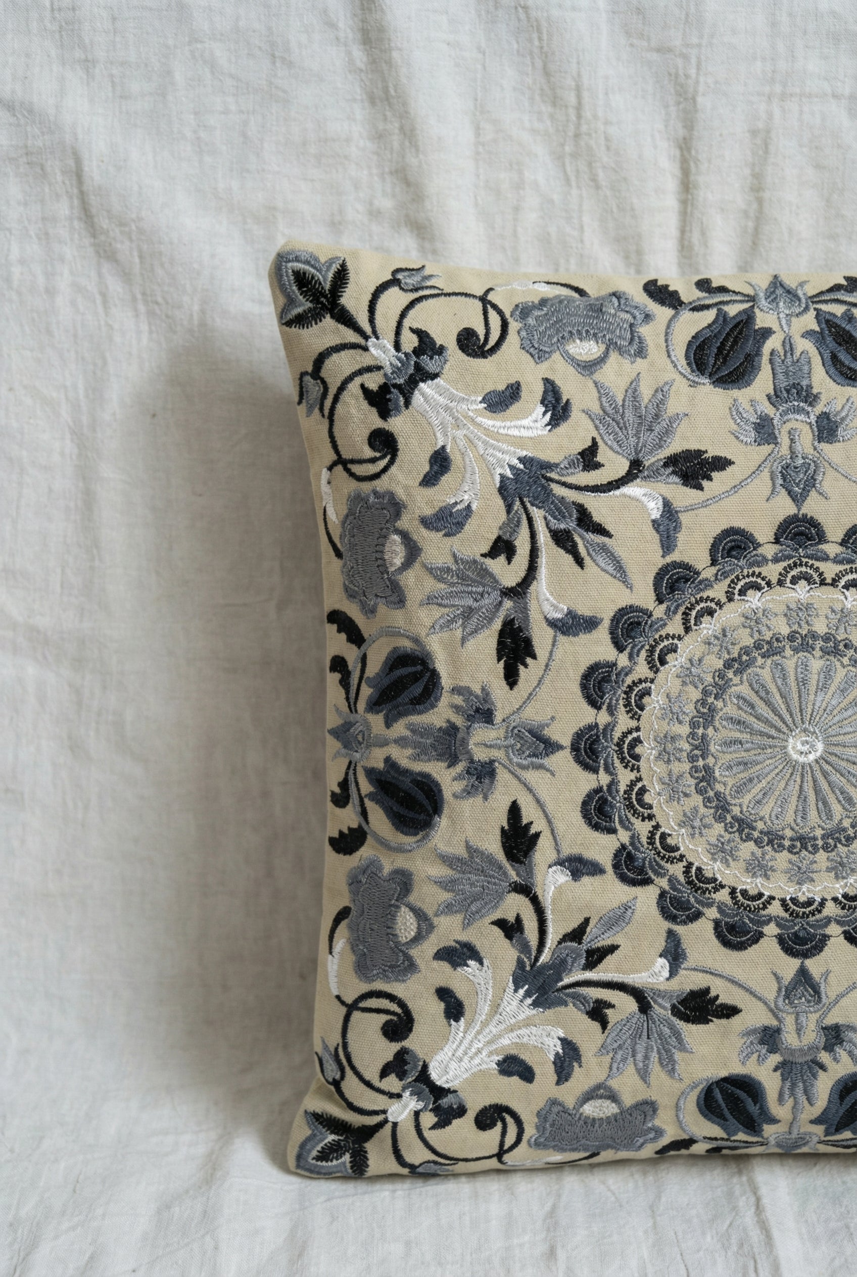 Beige Squared Floral Print Cushion Cover With Mandala Embroidered