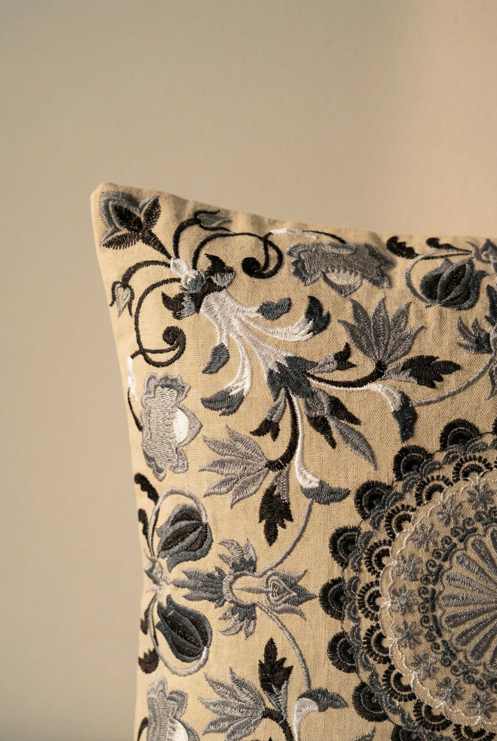 Beige Squared Floral Print Cushion Cover With Mandala Embroidered