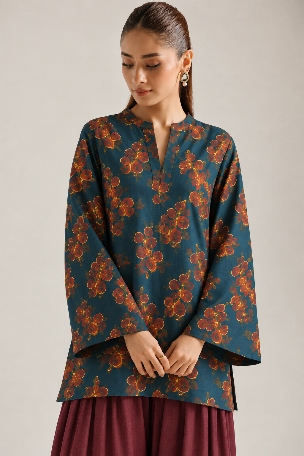 Teal Rust Blossom Farsi Salwar Co-ord Set for Women - detail