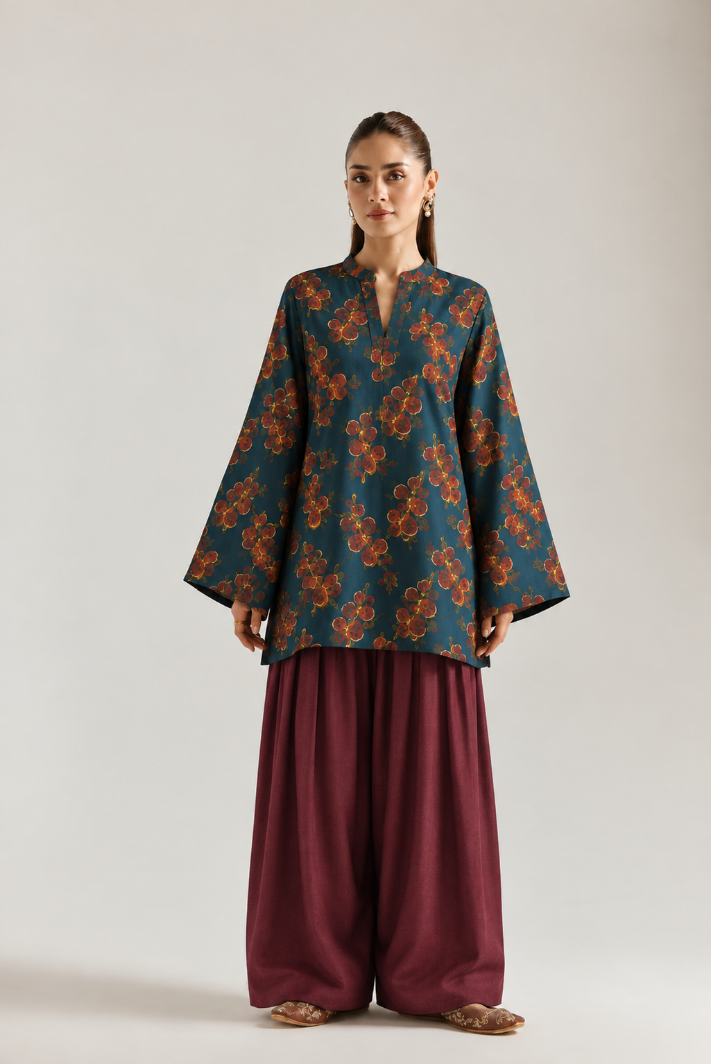 Teal Rust Blossom Farsi Salwar Co-ord Set for Women - front