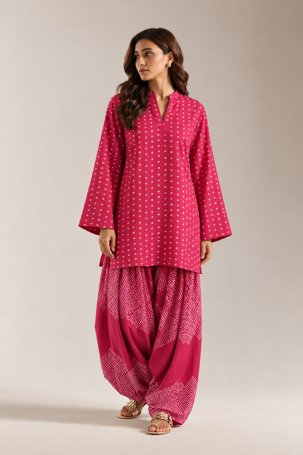 Pink Bandhani Print Mandarin Neck Tunic & Farshi Salwar Co-Ord Set For Woomen