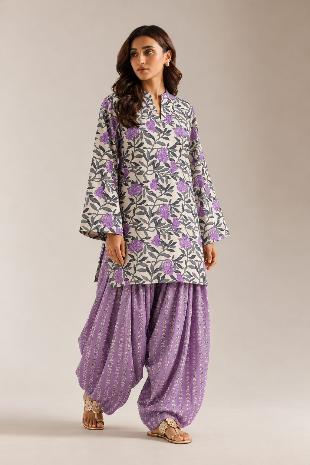 Purple Mandarin Neck Floral Print Tunic & Farshi Salwar Co-Ord Set For Women