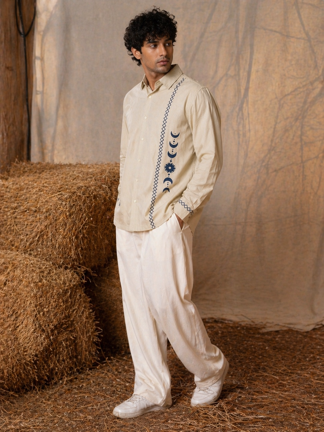 Beige Printed Full Sleeve Ethnic Motifs Shirt For Men