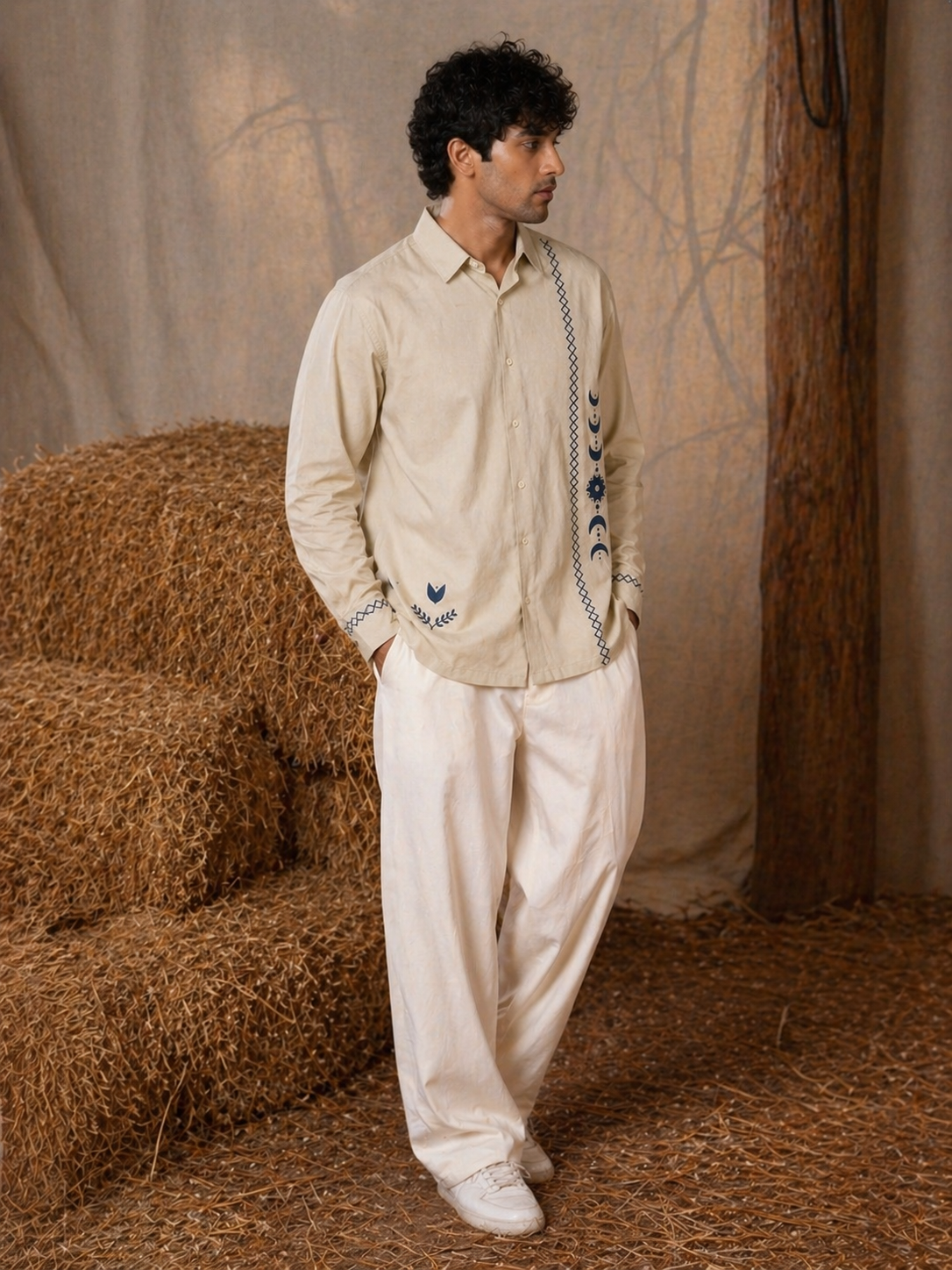 Beige Printed Full Sleeve Ethnic Motifs Shirt For Men