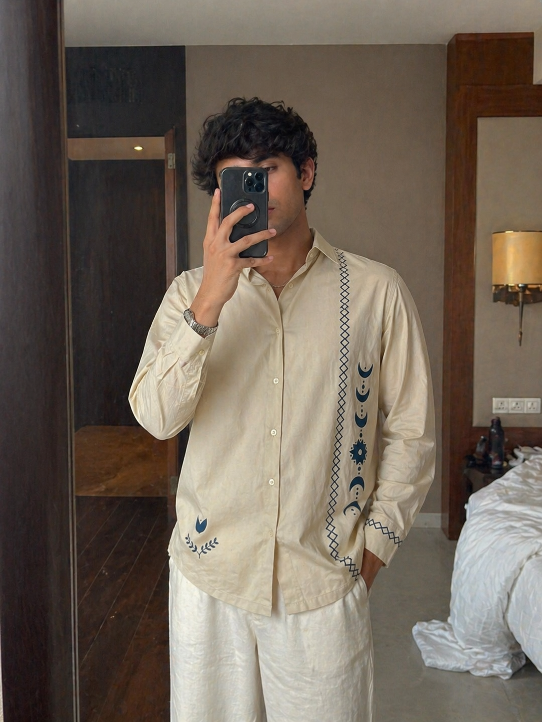 Beige Printed Full Sleeve Ethnic Motifs Shirt For Men