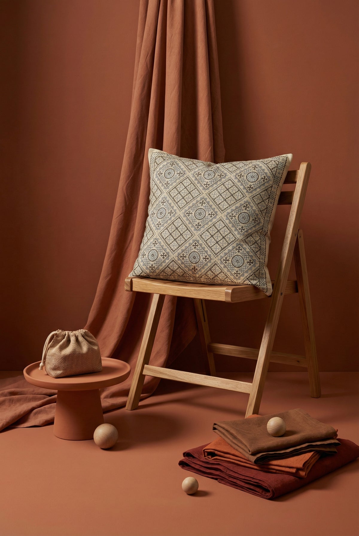 Grey Geometric Embroidered Cotton Square Cushion Cover