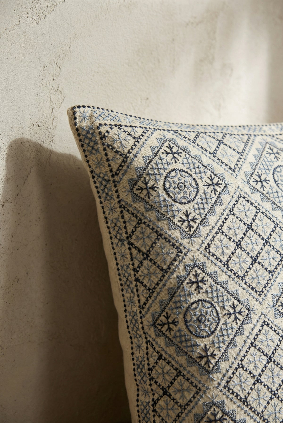 Grey Geometric Embroidered Cotton Square Cushion Cover