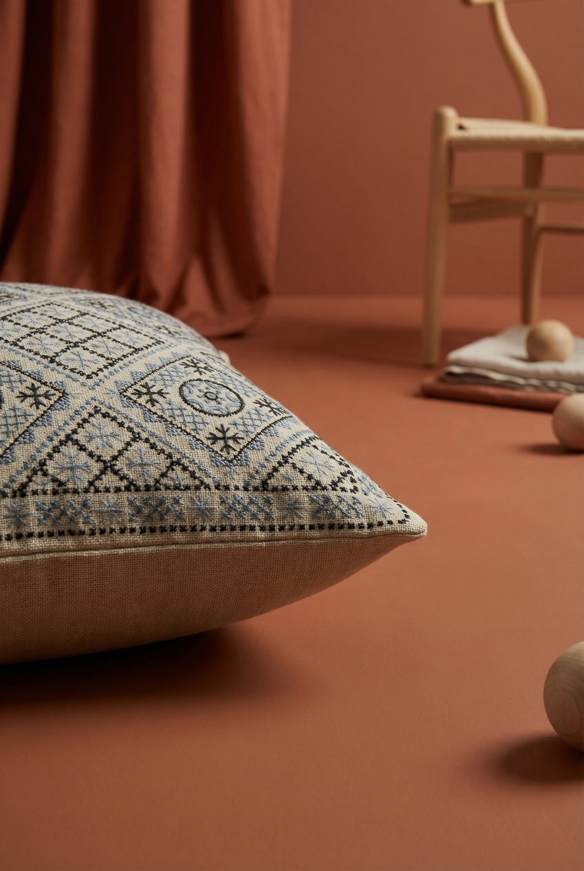 Grey Geometric Embroidered Cotton Square Cushion Cover